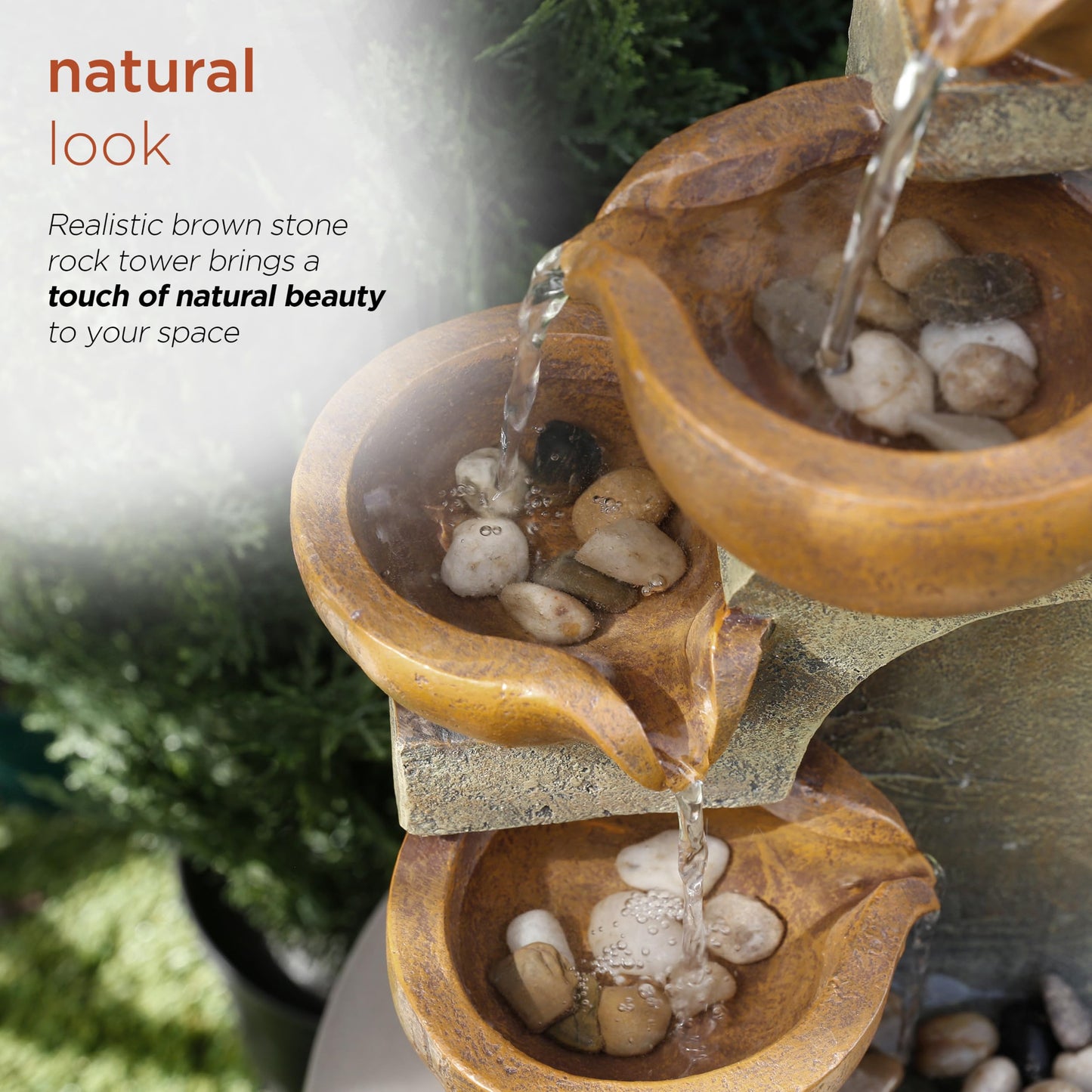 Alpine Corporation WCT726 Indoor/Outdoor Tabletop Tiered Pouring Pots Waterfall Fountain with Natural Stone Look, 16", Brown