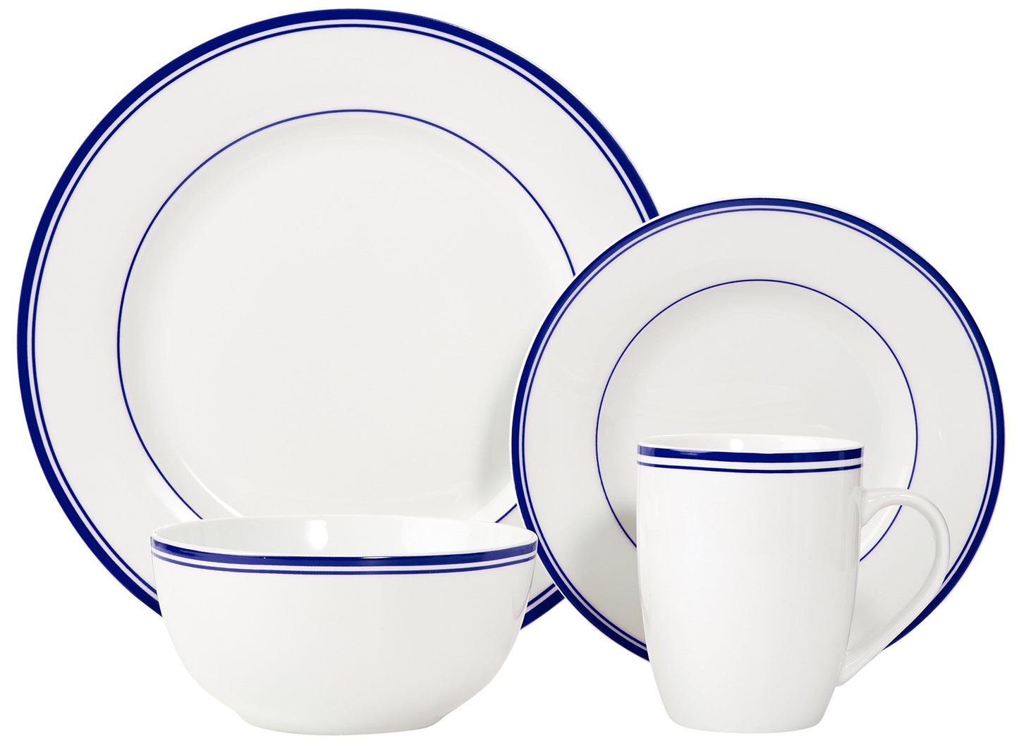 Amazon Basics 16-Piece Cafe Stripe Dinnerware Set, Plates, Bowls, Mugs, Service for 4, Blue