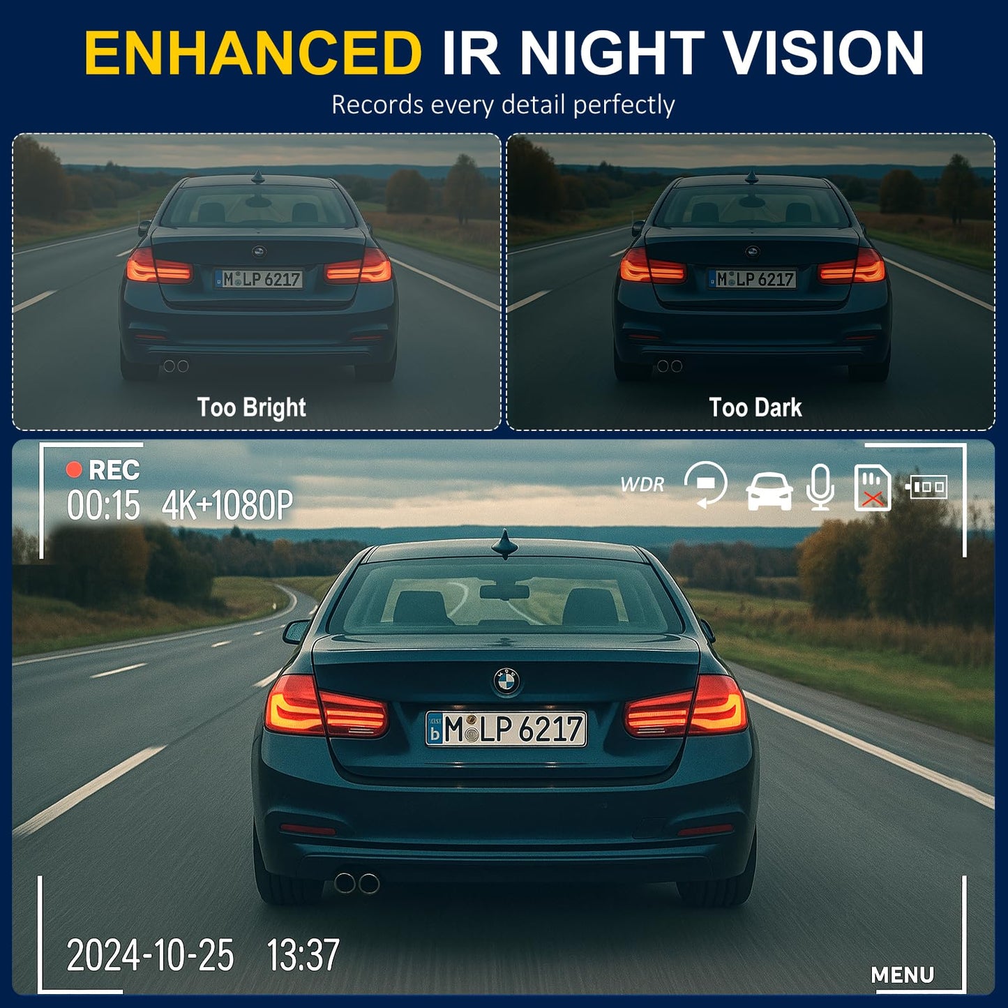 TOOXYZ Dash Cam Front and Rear Inside,3 Channel Dash Cam for Car,5G WiFi,3.16" IPS,Free 64GB Card,4K+1080P+1080P Dash Camera,Loop Recording,G-Sensor,WDR,Night Vision,Time-Lapse, 24H Parking Monitor