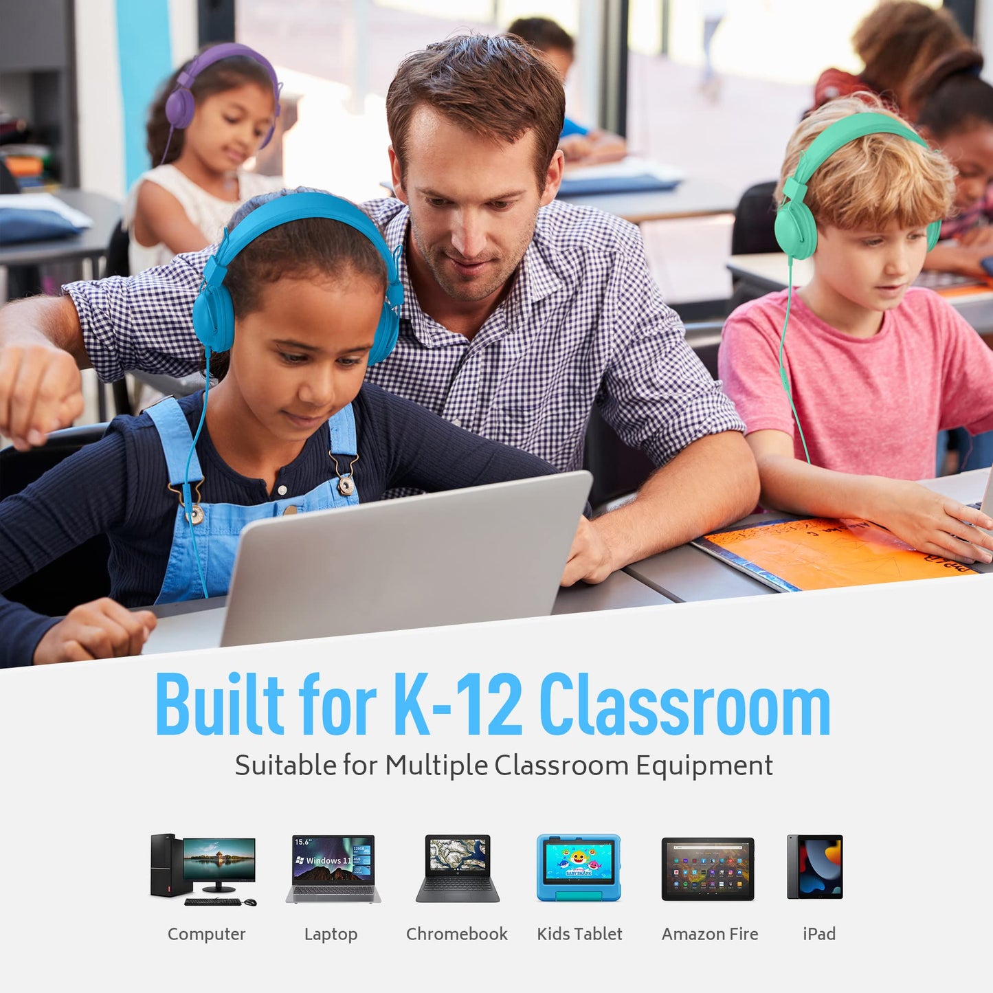 AILIHEN HD850 Classroom Headphones Bulk 10 Pack for Kids K-12 Students, School Wired Headphones with Microphone & 85dB Volume Limited & Sharing Function & Reward Stickers for Chromebook (Multicolors)