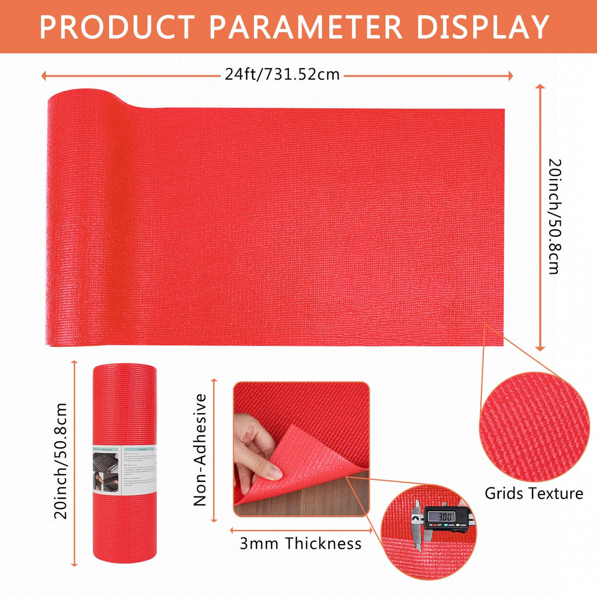 Foam Toolbox Liner Drawer Mat 1/8 Inch Thick X 20 Inch Wide X 24 Ft Long Red, No Slip for Protecting Cabinet, Garage, Cart, Tool Box
