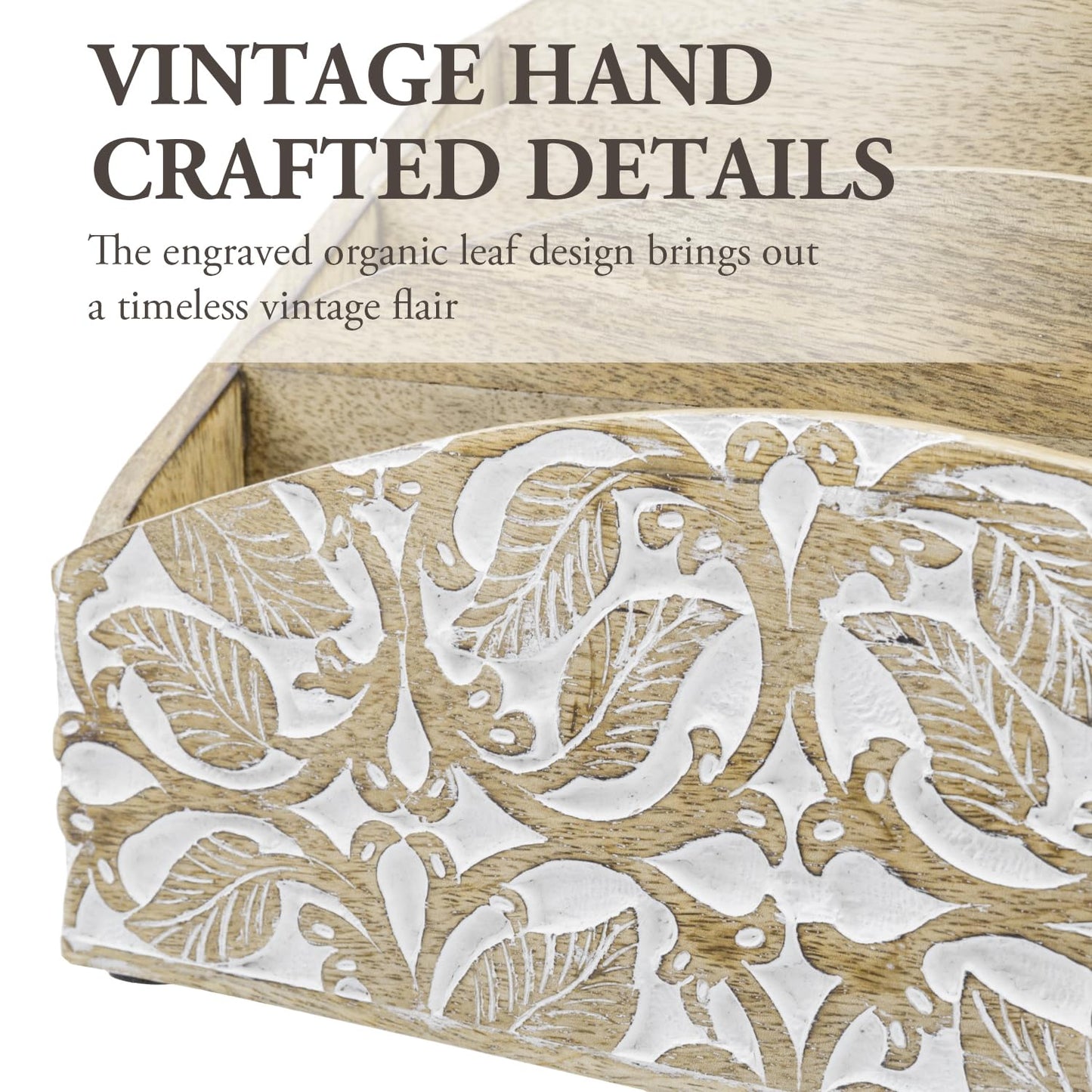 MyGift 3 Tier Rustic Solid Mango Wood Desk Mail Holder and Stationery Sorter with Hand Carved Leaf Pattern, Decorative Office Desktop Document Storage Organizer - Handcrafted in India, Small