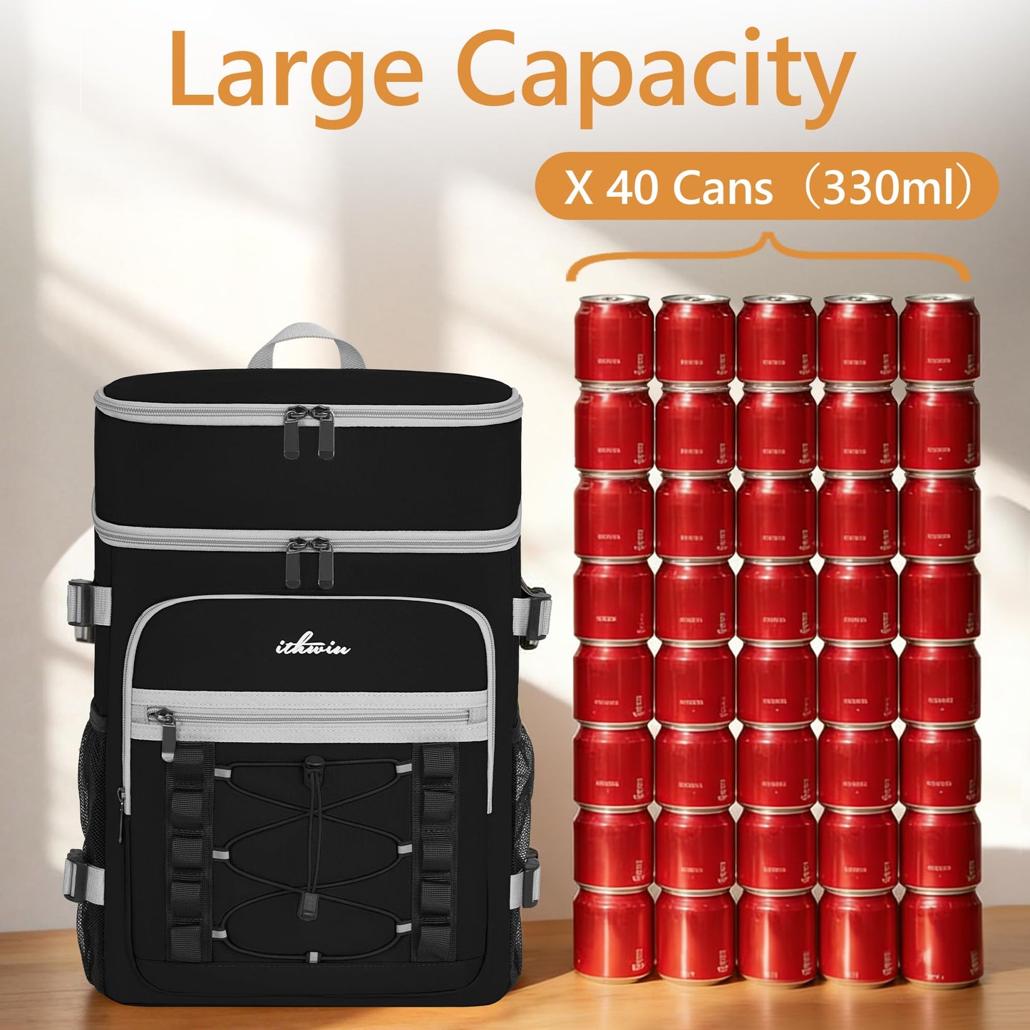 ITHWIU Insulated Cooler Backpack, 2 Insulated Compartments Thermal Bag, Large Leakproof Cooler Bag, Holds 40 Cans of Beverages for Camping Cooler Beach Travel Picnic(Black)