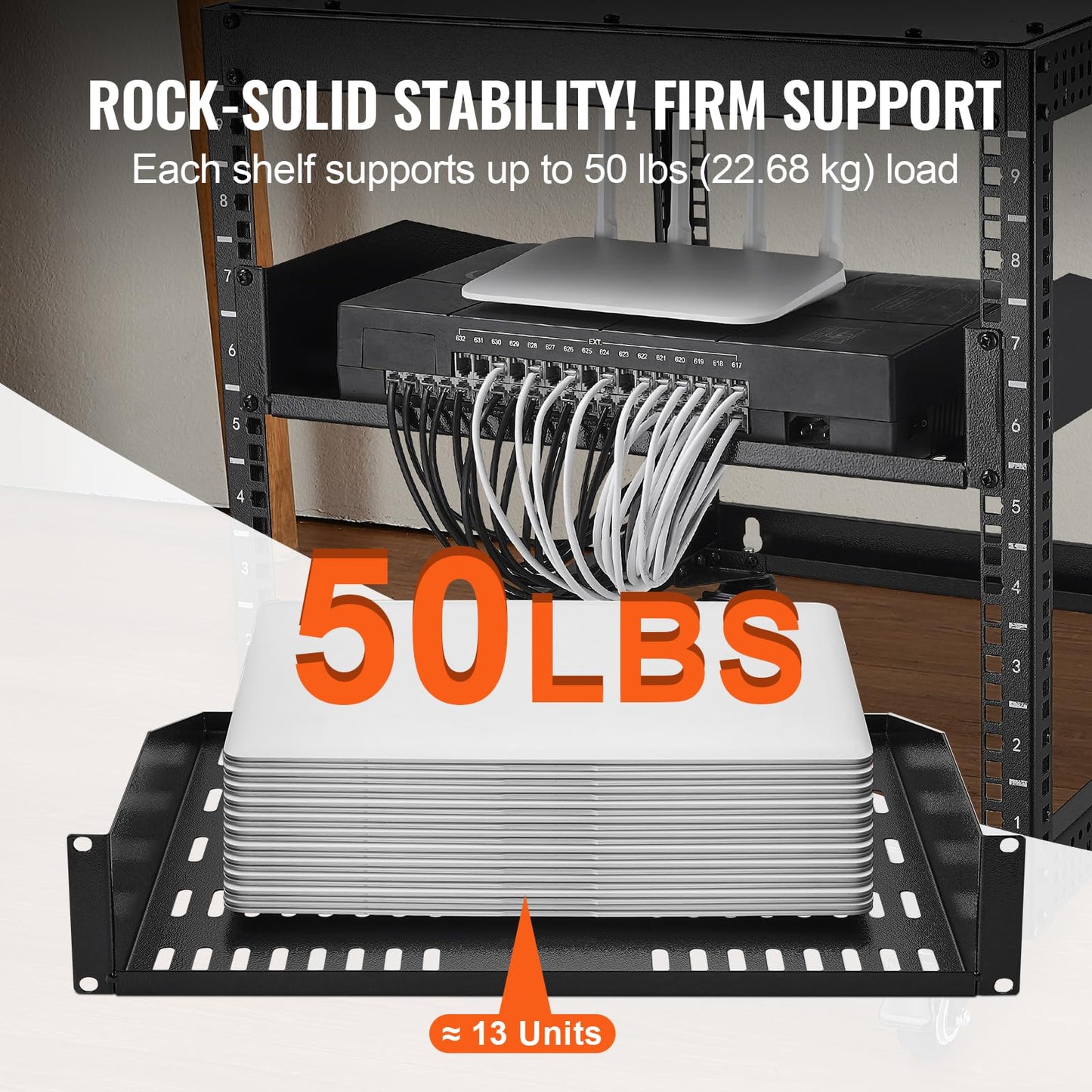 VEVOR 2U Server Rack Shelf, Universal Vented Rack Mount Cantilever Tray for 19 inch Network Equipment Rack & Cabinet, 16" Deep Rack Mount Shelf, Weight Capacity 50 lbs Wall Mount Rack Shelf
