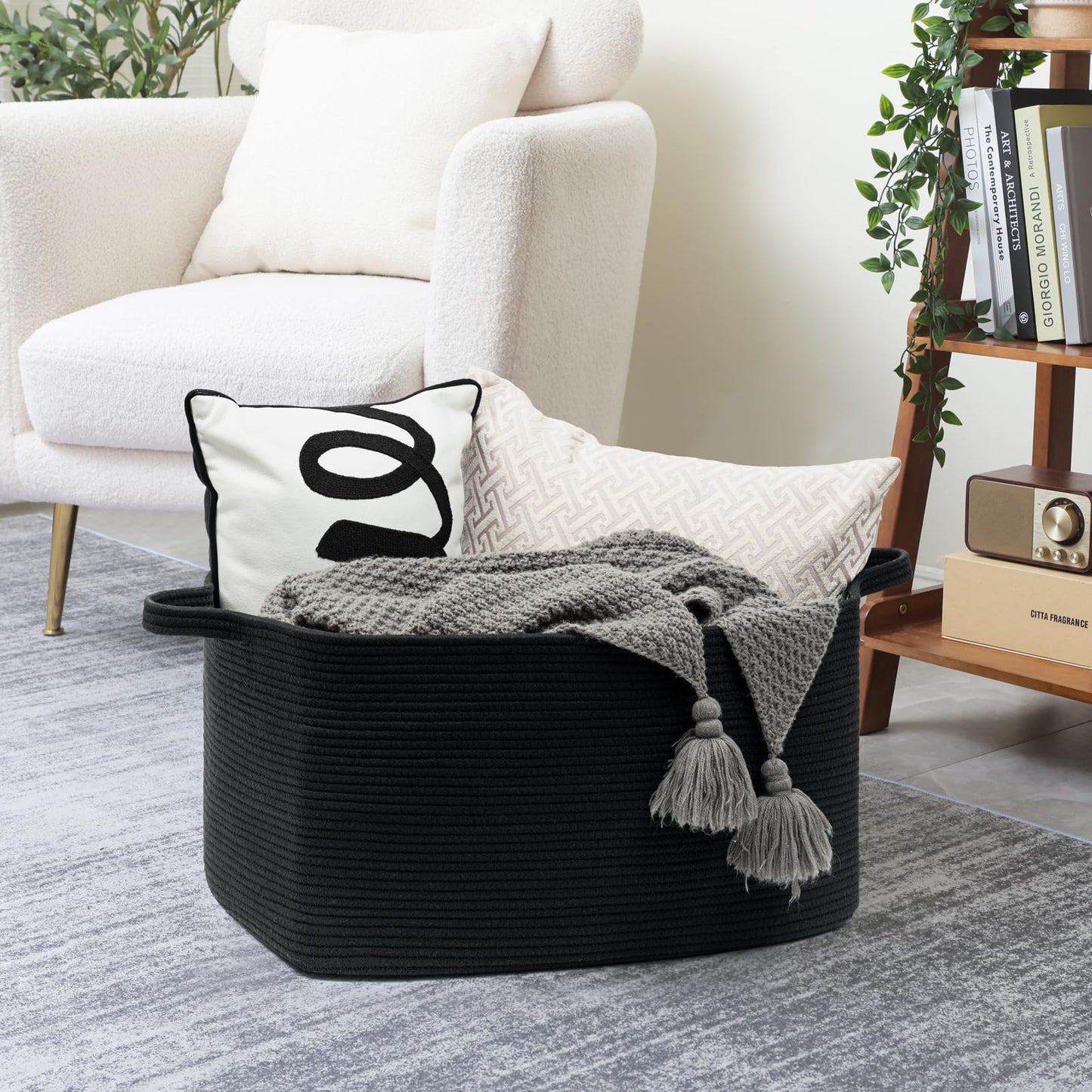 Goodpick Large Laundry Basket, Blanket Basket Living Room, Storage Baskets for Toys, Towels, Rectangle Rope Toy Storage Baskets for Baby, Kids, 21.6" x 14.9" x 11.8", Black