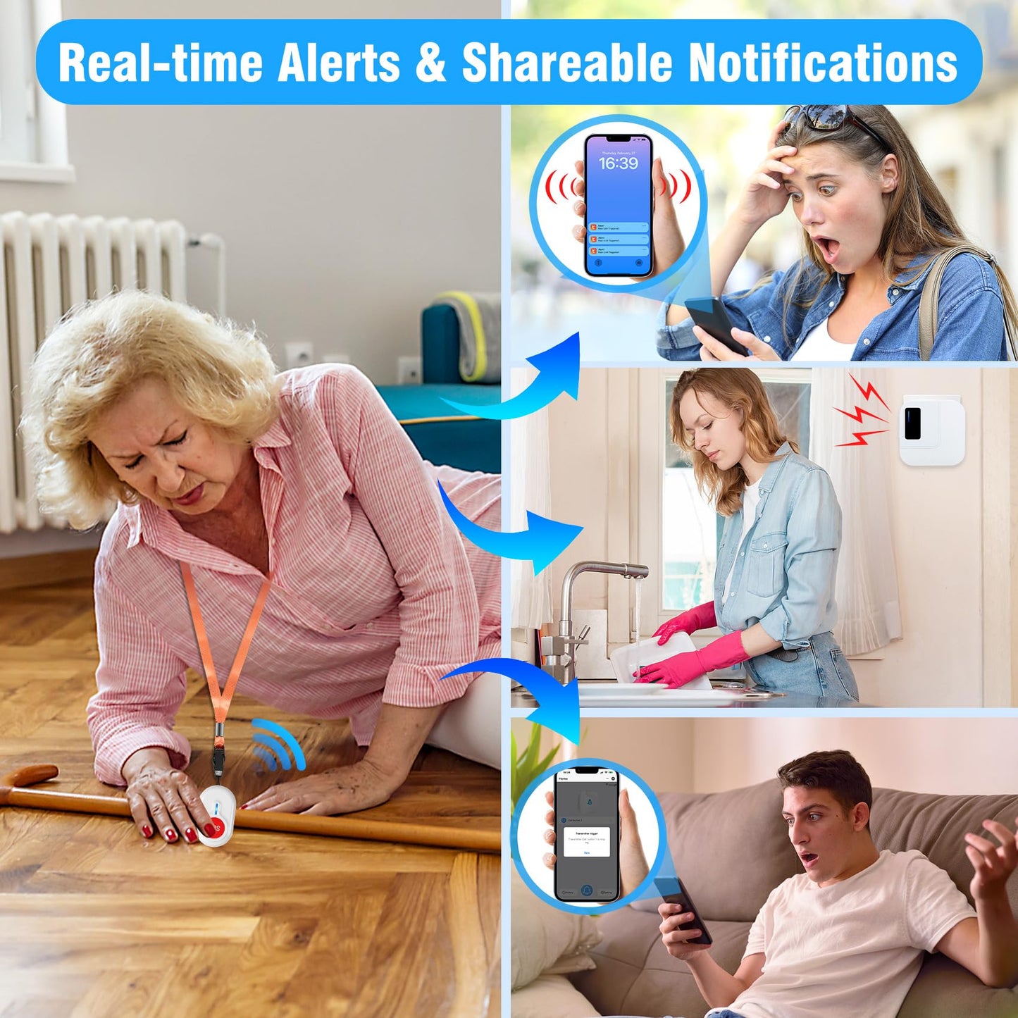 DAYTECH Wireless Caregiver Pager Emergency Button for Seniors WiFi Smart Caregiver Call Button Panic Alert System for Elderly, 1 Receiver 2 Transmitters(Only Supports 2.4GHz Wi-Fi)