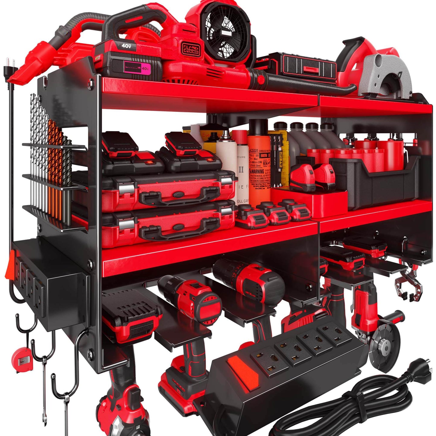 Spampur Power Tool Organizer Wall Mount with Charging Station – 420 lb Capacity 3-Tier Holds 6 Drills, Side Slots for Screwdrivers & Bits, for Garage Workshop, Gift for Men