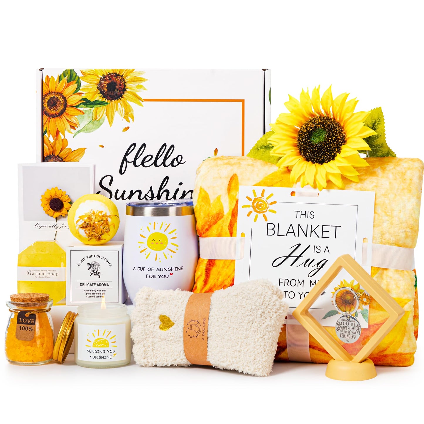 Sunflower Gifts Basket for Women,Sending Sunshine Relaxation Birthday Box,Unique Thank You Self Care Package Get Well Inspirational Spa Gift Basket W/Blanket for Mom Grandma Wife Friends Sister