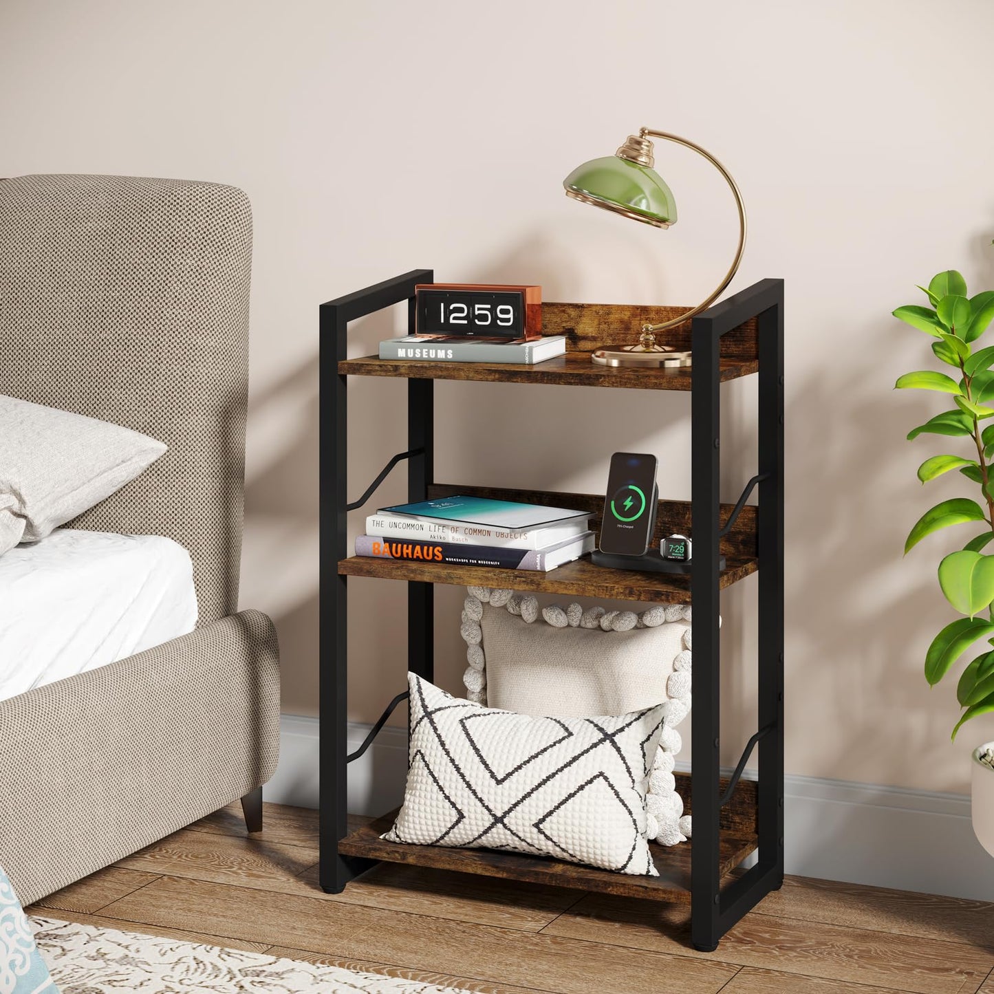 Hosfais Book Shelf Small Bookshelf: 3-Tier Wood Bookcase Industrial Bookshelf with Edge Protection Metal Narrow Bookcase Storage Organizer Display Rack for Bedroom Home Office (Rustic Brown)