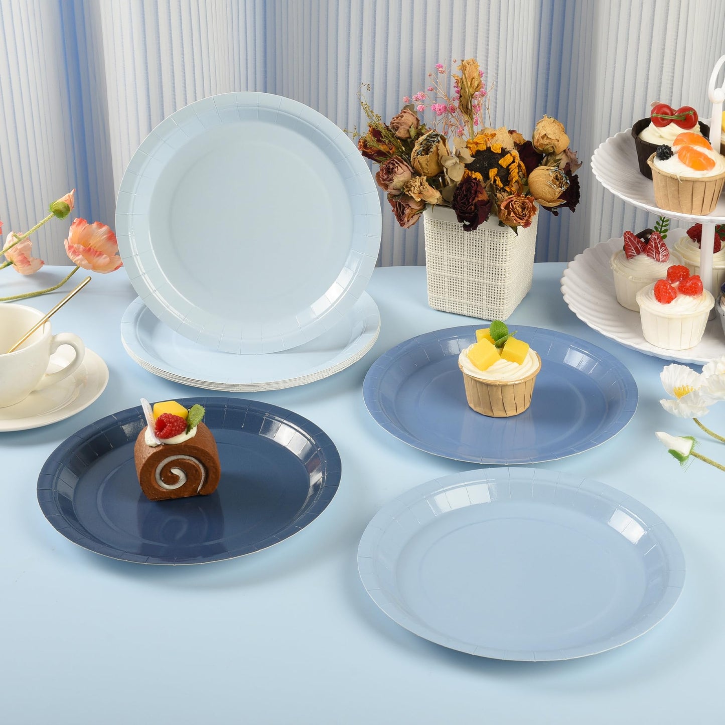 AimFun 48Pcs Dusty Blue Paper Plates Gradient Blue Party Plates 9 Inch Disposable Pastel Birthday Plates Round Dinner Dessert Plates for Wedding Baby Bridal Shower Party Supplies Tableware Decor