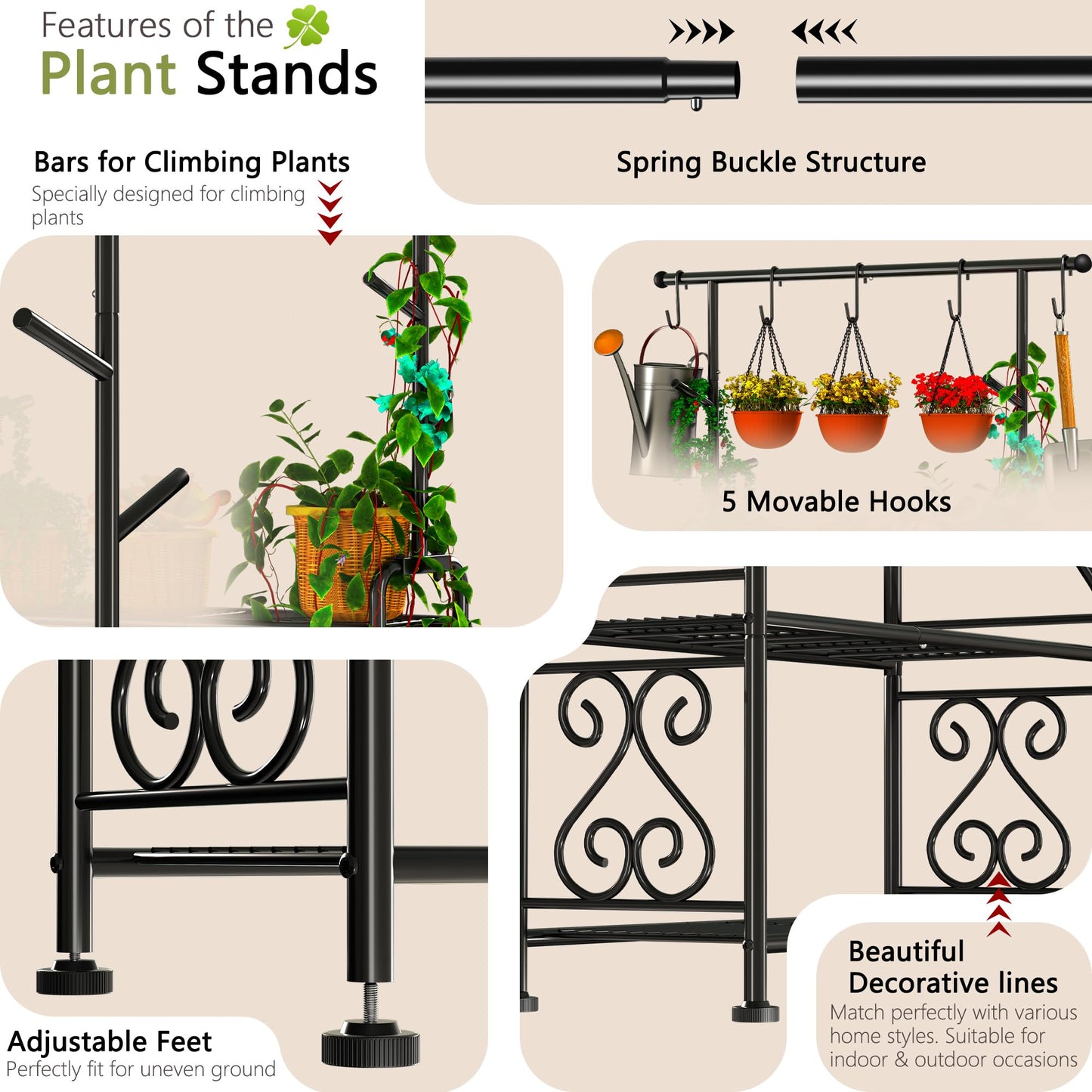 Outdoor Plant Stand 3-Tier Heavy Duty Metal Shelf for Patio & Indoor Use - Holds 14+ Plants with 5 Hooks, Rust-Proof Plant Holder for Garden, Balcony, Living Room, Black