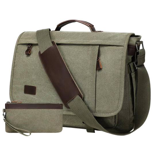 17.3 Inch Messenger Bag for Men: 2PCS Laptop Work PU Leather Canvas Briefcase Carry On Large Computer for Office College Travel (Green)