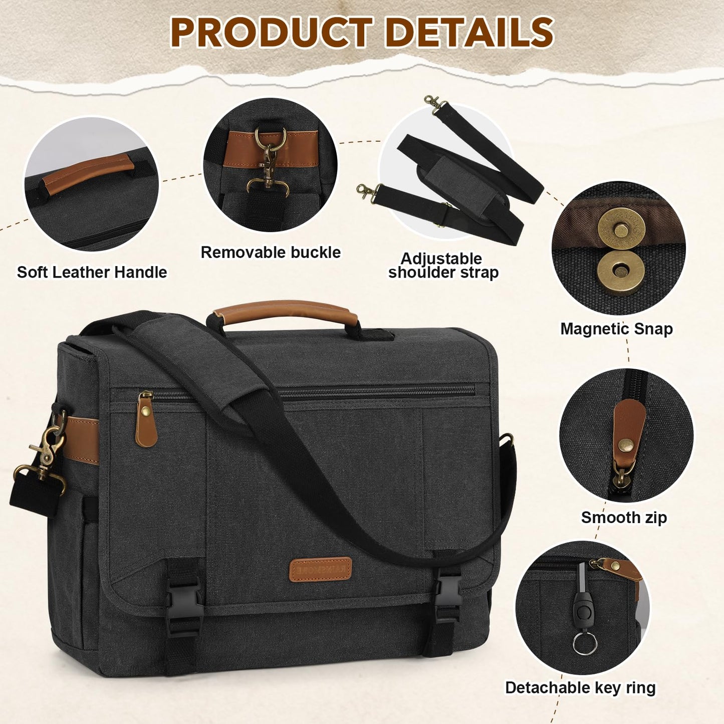 RAINSMORE Messenger Bag for Men 17-17.3 Inch Laptop Bag Canvas Briefcase Satchel Large Computer Shoulder Bag Men's Work Business Office Bag with Padded Compartment,Black