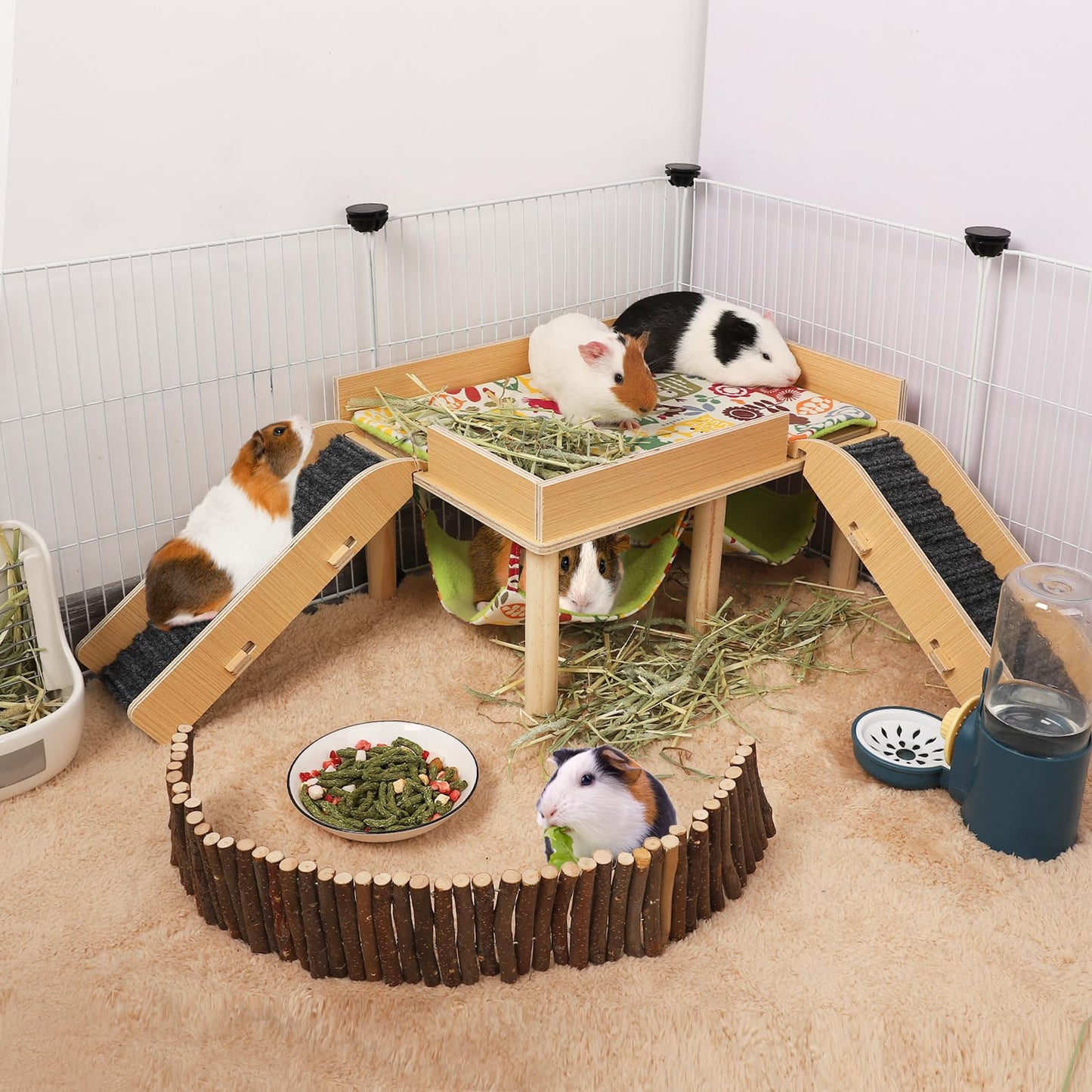 MEWTOGO Guinea Pigs Hammock with Platform, Wooden Guinea Pig Hideout with Stairs, Safe and Durable Small Pet Bed for Piggies Chinchilla Rat Hamster Bunny (Double Hammocks)