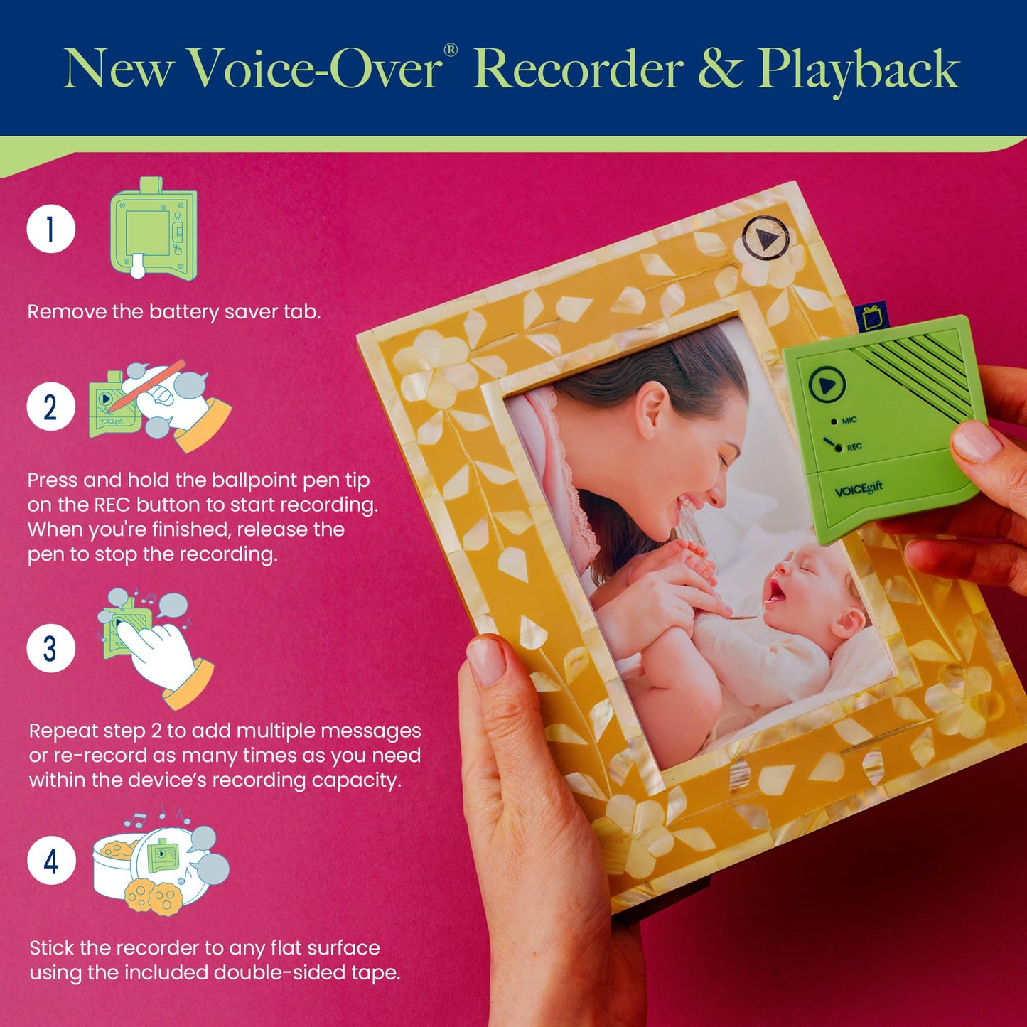 VoiceGift Voice-Over® – Voice Recorder with Playback, Audio & Digital Recorder for Picture Frame, Portable Record Player & Customizable Sound Gifting & Crafting