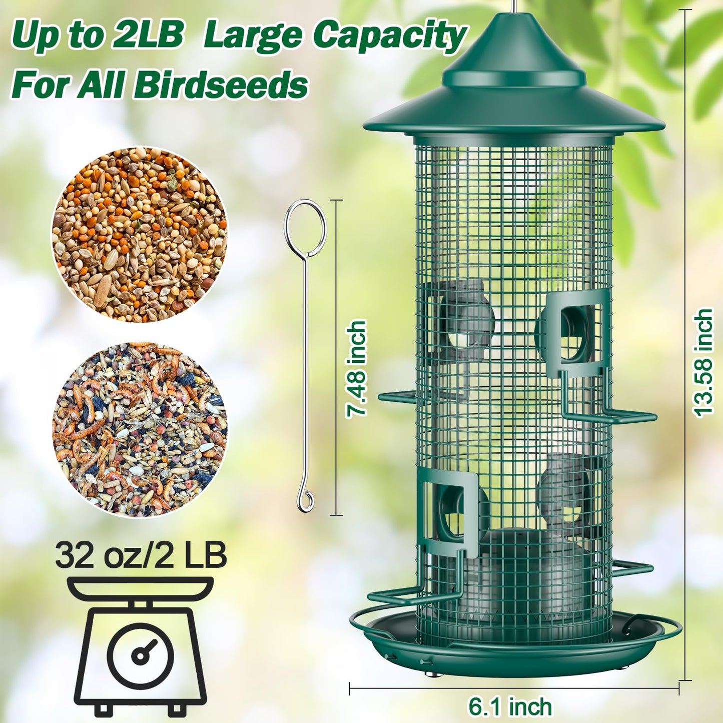Jarkyfine Metal Mesh Tube Bird Feeder for Outdoors Hanging - Squirrel Chew Proof Bird Feeders for Outside, Rust-Proof, 4 Ports, 2LB Large Capacity, Easy to Refill, for Finch Cardinal Wild Birds