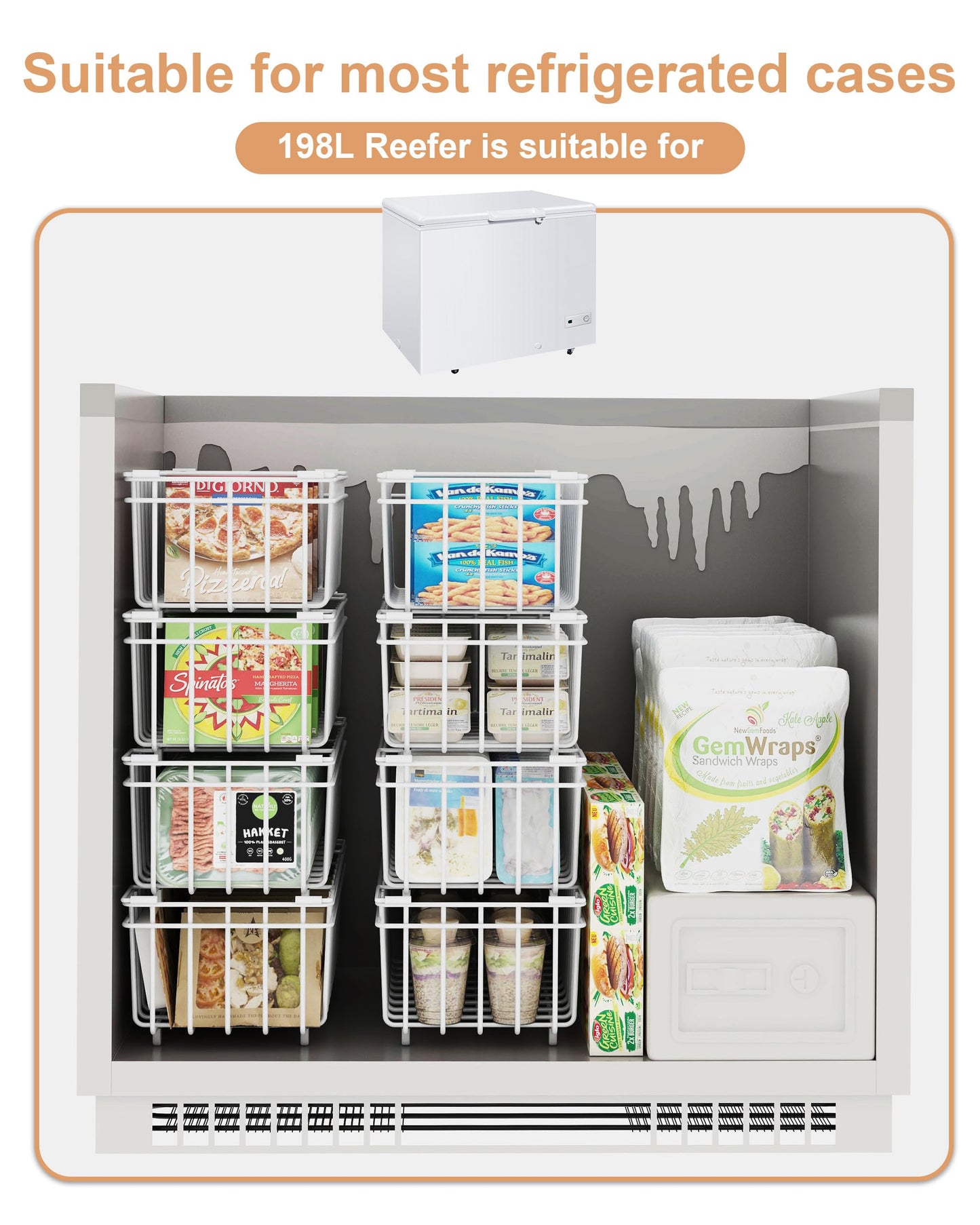 UMDONX 4 Pack Chest Freezer Organizer Baskets Stackable Storage Bins for 7 Cu.Ft Deep with Foldable Handles, Kitchen Pantry Shelf Rack, Durable Metal White Load 45LBS