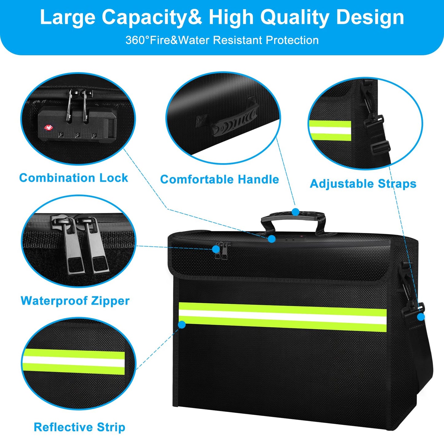 6500°F Fireproof Document Bag with Lock-Fireproof Box with 10 Layers Insulation Materials&Waterproof Zipper,Removable Wallet,Reflective Strip for Cash,Documents,Jewelry(14.2”x 9.6”x 4.1”)