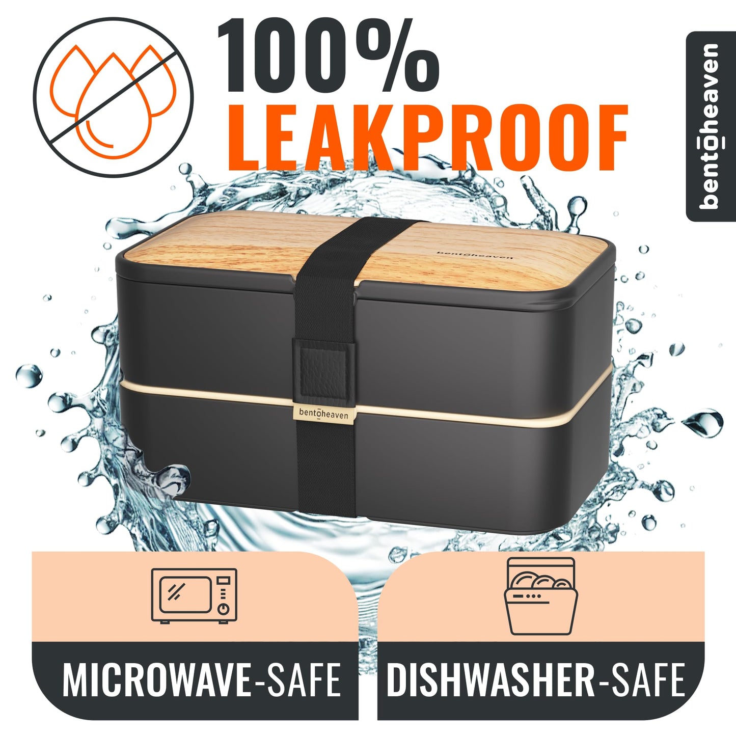Bentoheaven Premium Bento Box Adult Lunch Box with 2 Compartments (40oz), Cutlery & Set of Chopsticks, Large Dip Container, Cute Black Japanese Bento Box, Rectangle, Microwavable (Symph-Onyx)