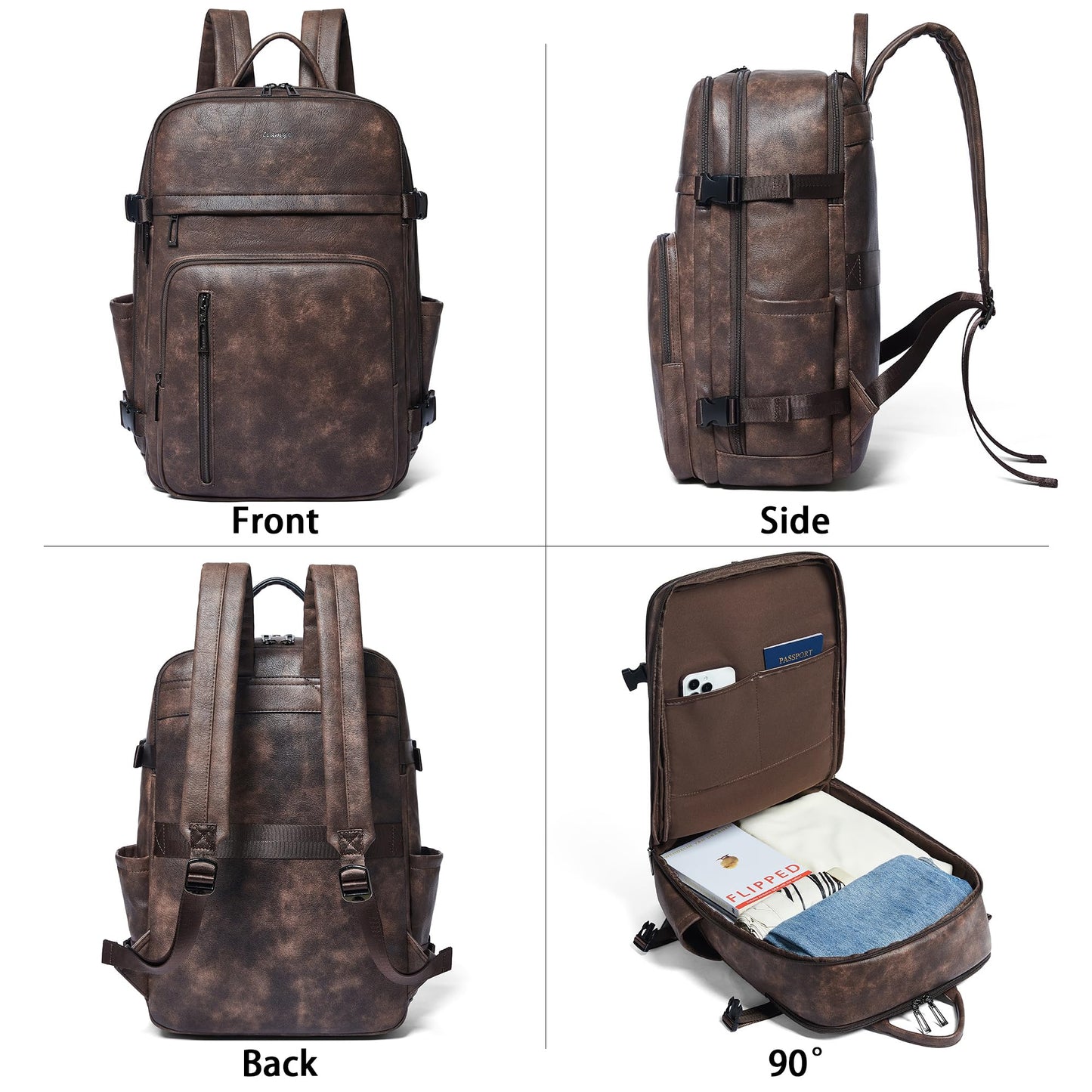 Tiamyi Travel Backpack for Women, Fits 17.0" Notebook, Stylish Lay-Flat Carry-on Vegan Leather Backpack with Luggage Strap for Travel and Daily Use, Coffee