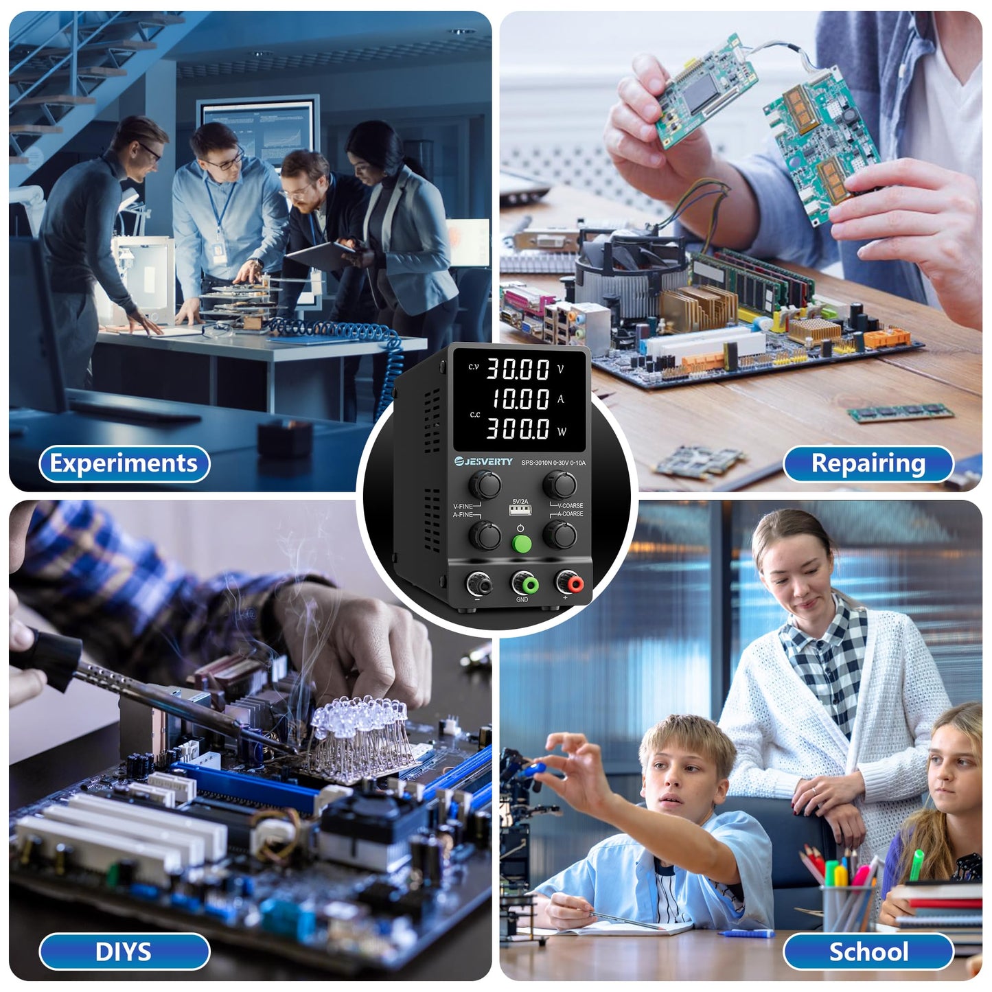 Jesverty DC Power Supply Variable, 0-30V 0-10A Adjustable Switching DC Regulated Bench Power Supply with High Precision 4-Digit LED Display, 5V/2A USB Port, Coarse and Fine Adjustment SPS-3010N