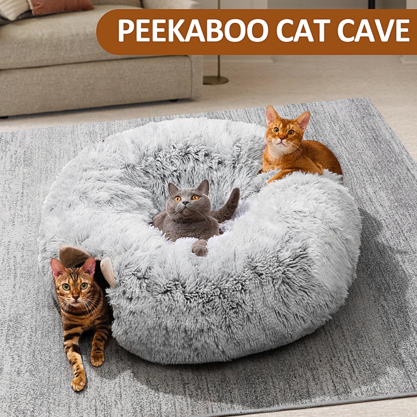 ZVBEK Cat Tunnel with Cat Bed for Indoor Cats, Under Christmas Tree Soft Plush Peekaboo Cat Cave Donut Tunnel, Multifunctional Cat Playground Toys Hideplace for Cats, Kittens, Rabbit, Ferret (Grey)