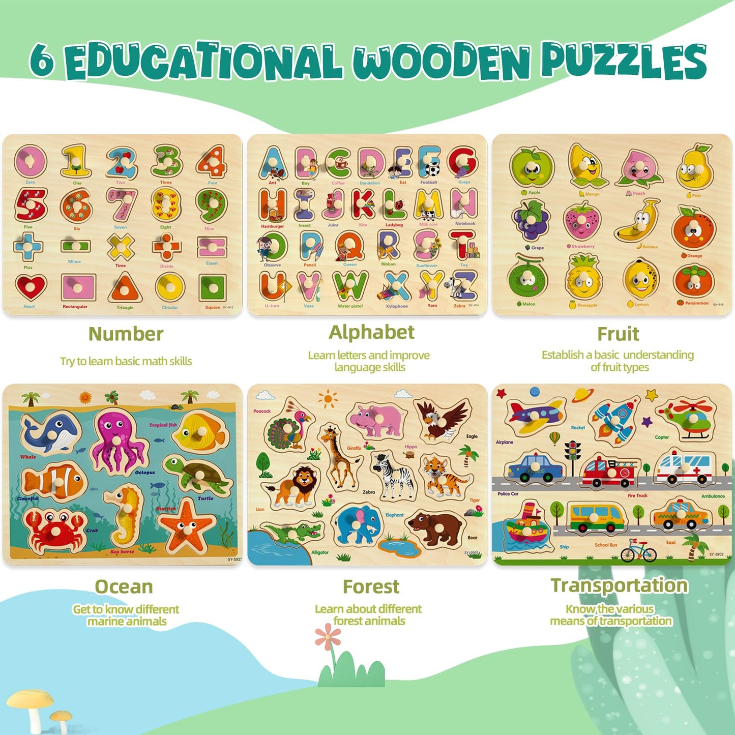 edutree Wooden Peg Puzzles for Toddlers 2-4, 6 Pack Educational Peg Puzzles Montessori Toys for Toddlers 1-3, Learning Puzzles for Kids Girs Boys with Alphabet Number Animal Vehicle Shape
