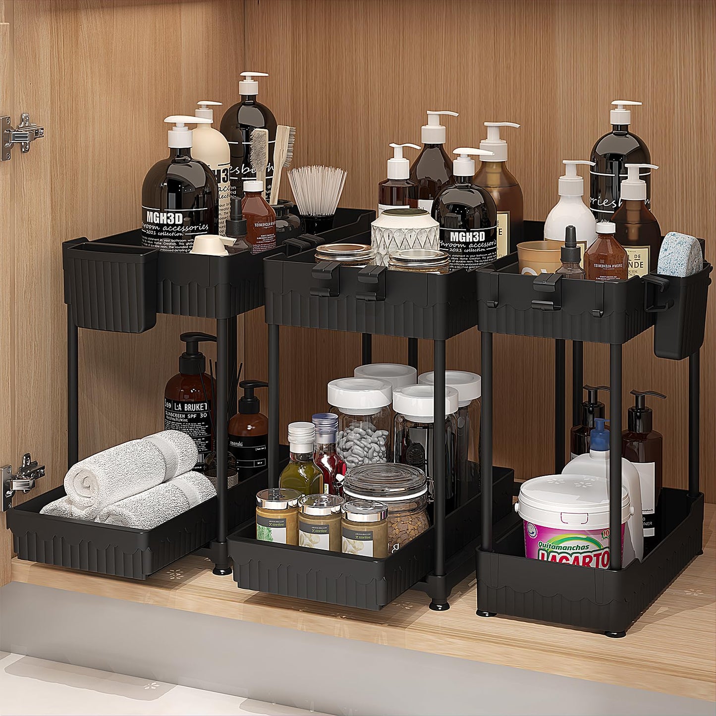 Sevenblue Under Sink Organizer 3 Pack, Bathroom Organizers, 2 Tier Multi-Use kitchen Organizers and Storage with Sliding Drawer, Hang Hooks and Cups, (Black)