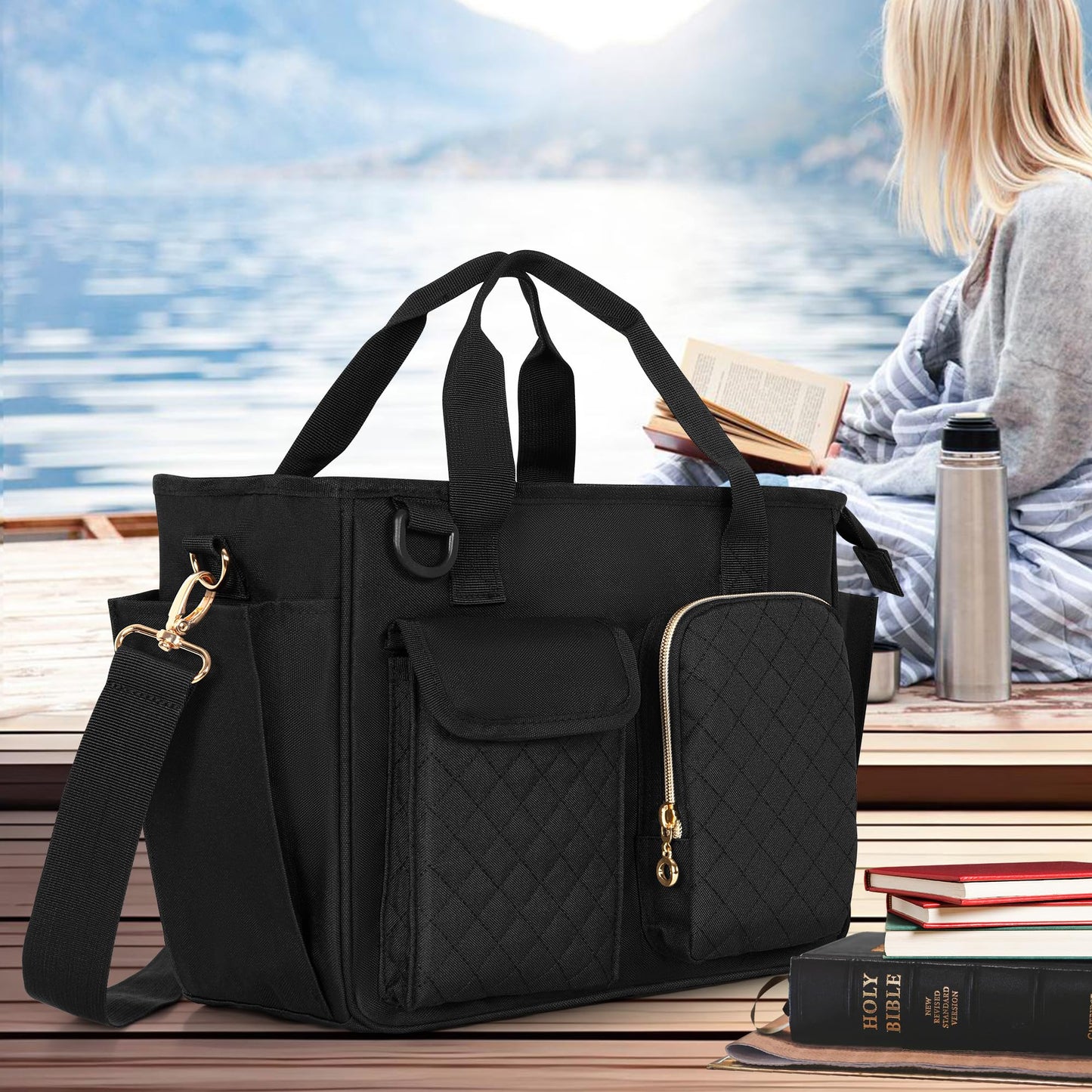 Luxja Large Bible Bag with Water Bottle Pockets, Bible Tote Bag for Women with Multiple Pockets (Bag Only), Black
