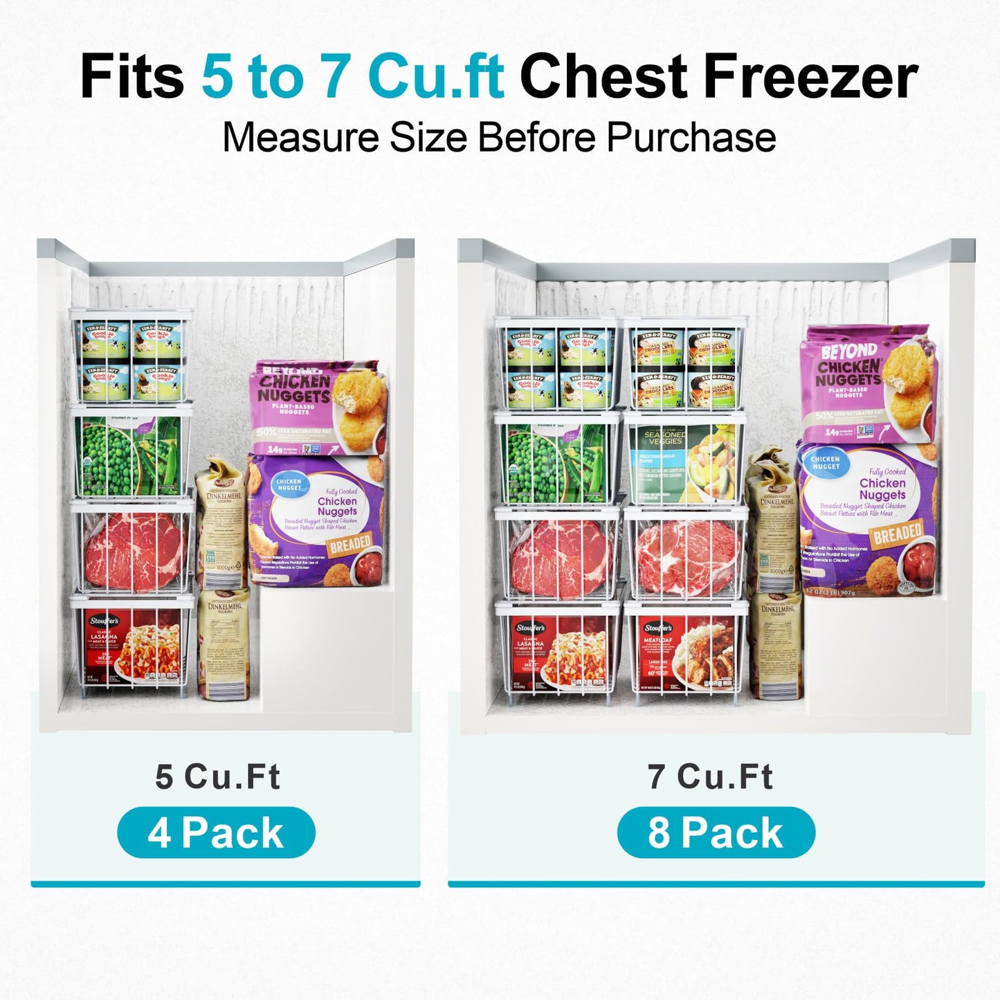 iSPECLE Chest Freezer Organizer - 8 Pack Stackable Freezer Organizer for 5 to 7 Cu.Ft Deep Freezer, Sort Frozen Foods Wire Baskets with Handles Easily Get Food and Add Storage Space, White