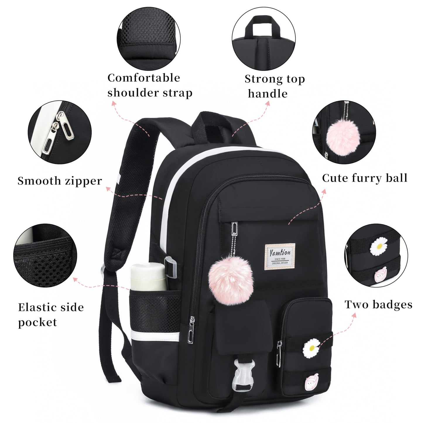 School Backpack for Teen Girls,15.6in Laptop Backpack Kids Bookbag for Middle School College Students,Cute School Bag for Women,Black