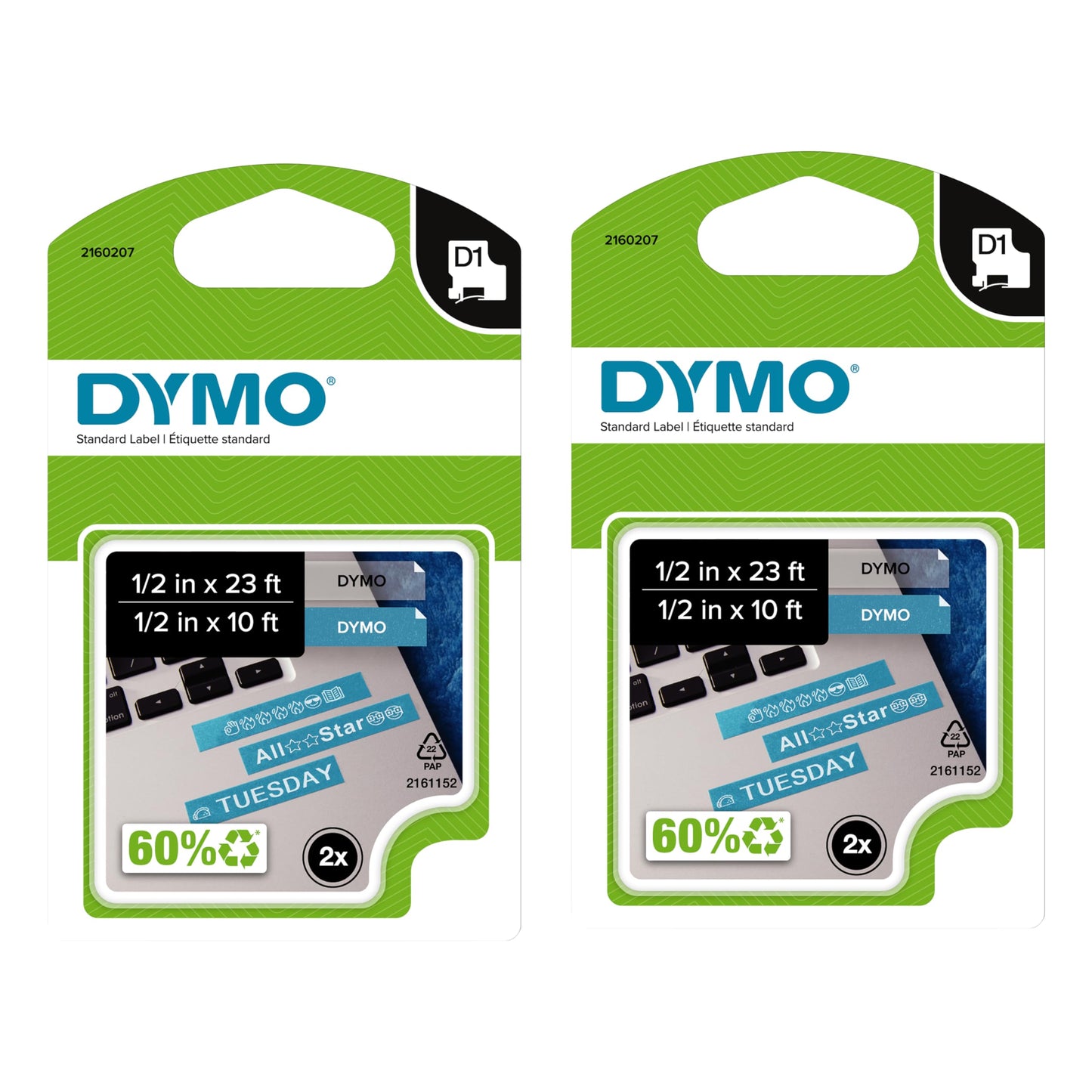 DYMO D1 Labels for LabelManager Label Makers, 1/2'' x 23' Rolls (12mm x 7m), Black Print, White Label Maker Tape, Self-Adhesive Stickers, 2-Pack