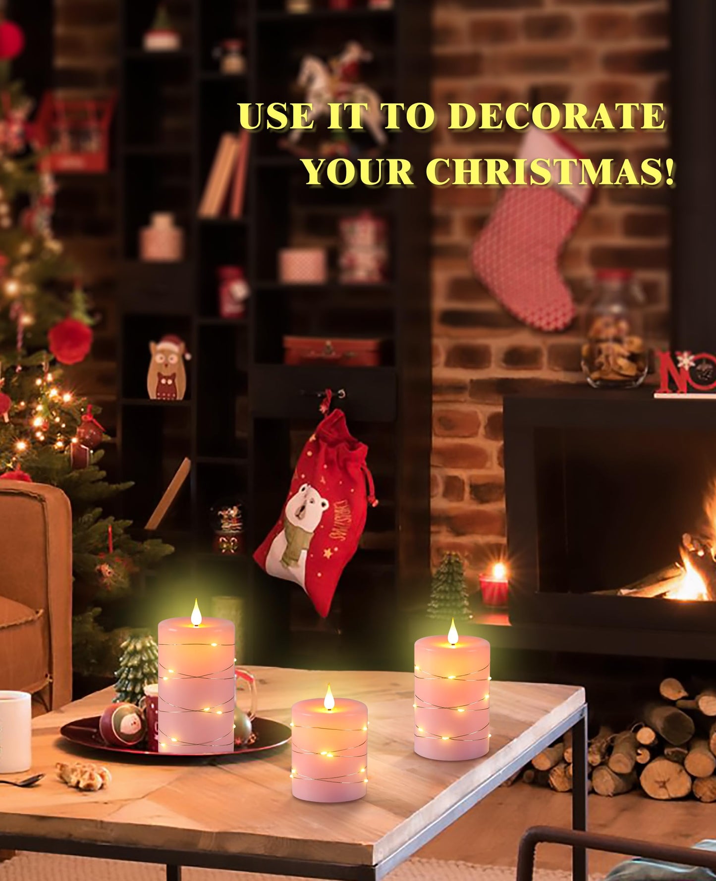 Upinmz Flickering Flameless Candles with Embedded String Lights, Battery Operated Candles with Remote Control and Timer,Flameless LED Candles for Home Decoration,Real Wax, Set of 3-Pink