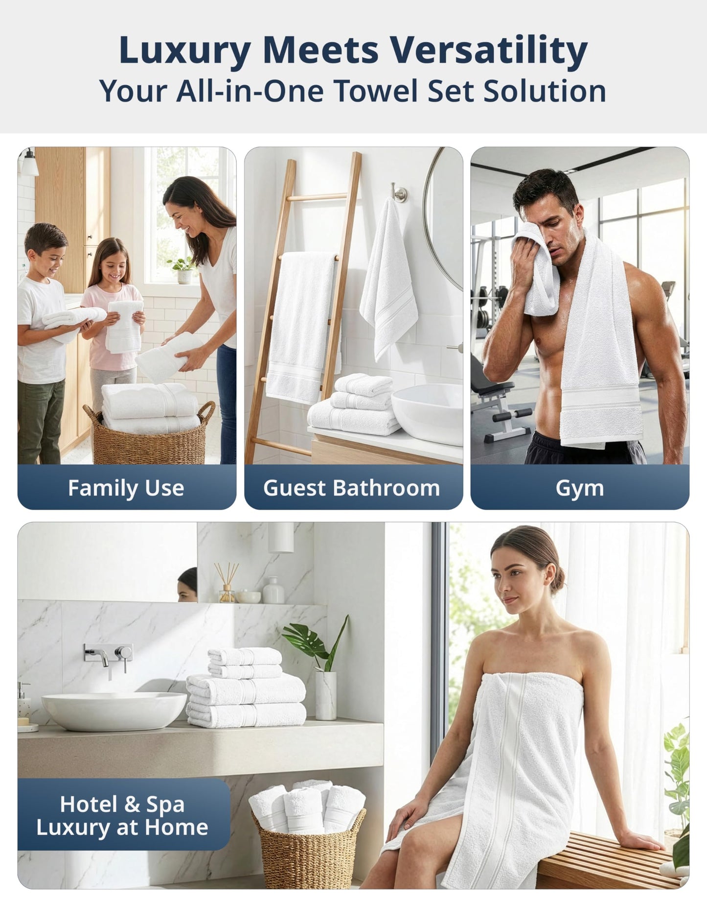 LANE LINEN Luxury Bath Towels Set - 6 Piece 100% CottonBathroom Zero Twist Shower Extra Absorbent Towel Super Soft 2 Hand Wash Cloths White