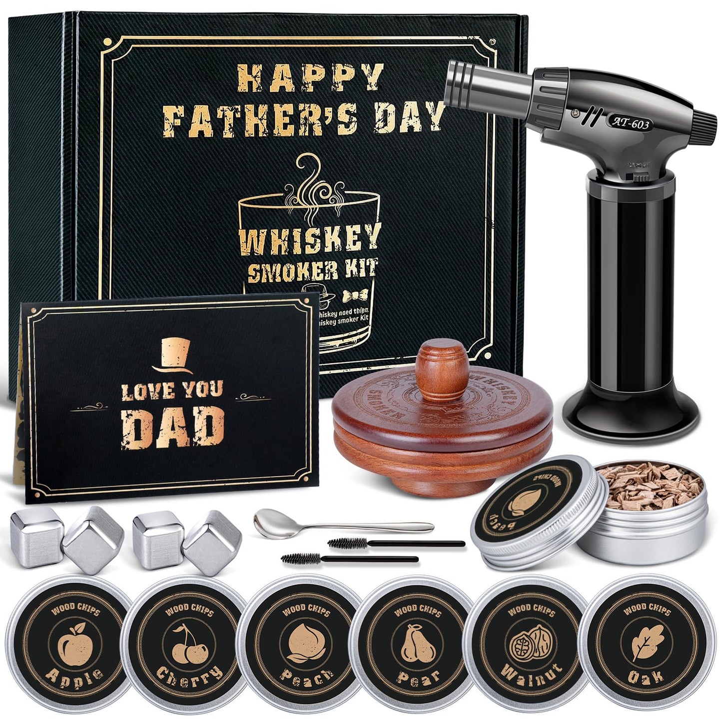 Whiskey Smoker Kit with Torch- 6 Wood Chip Flavors, 4 stainless steel ice cubes - Cocktail Smoker Infuser Kit for Bourbon & Old Fashioned, Birthday Whiskey Gifts for Men, Dad(Without Butane)