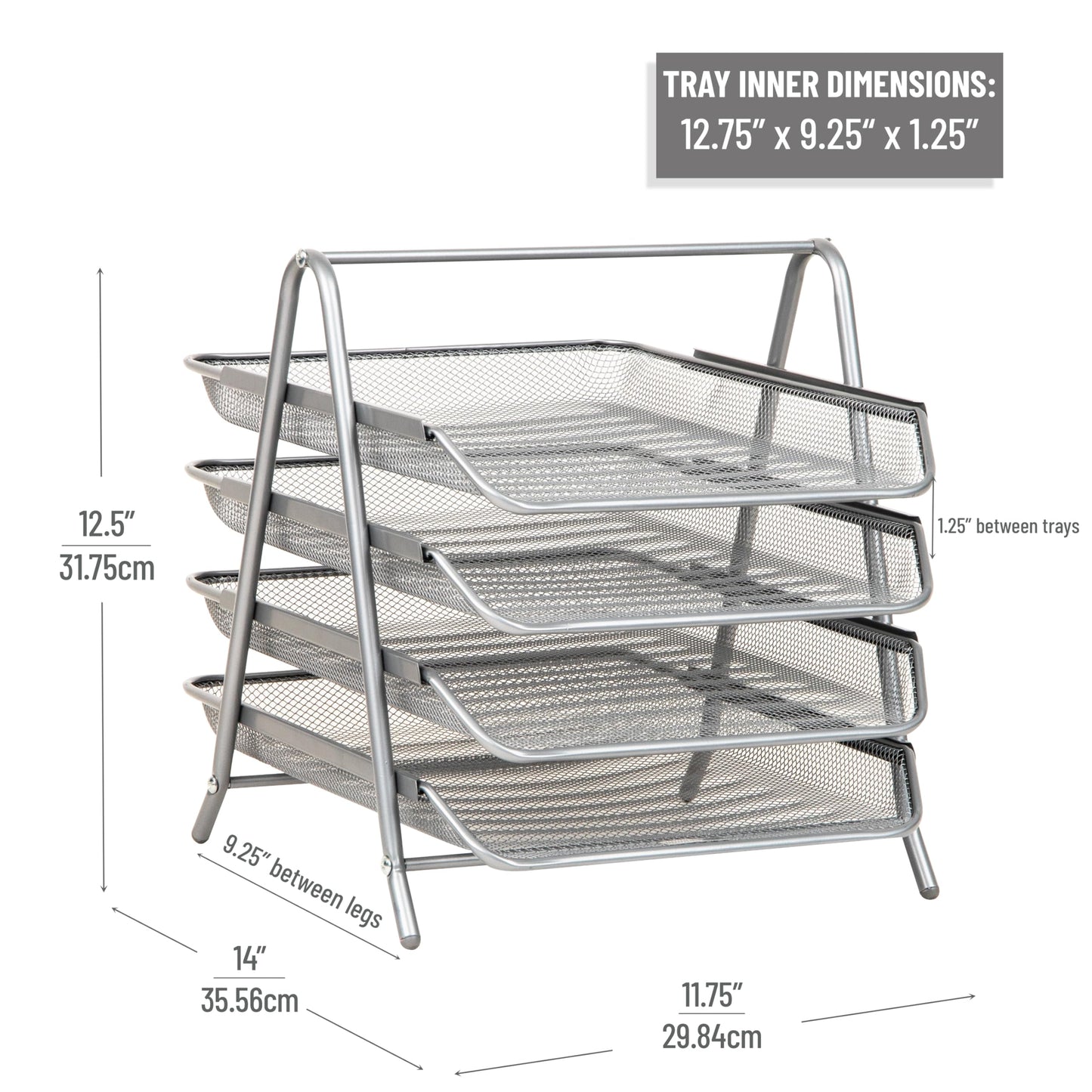 Mind Reader 4-Tier Paper Tray Organizer, Desktop File Sorter with Handle, Document Storage, Slide-Out Trays, Metal Mesh, Silver