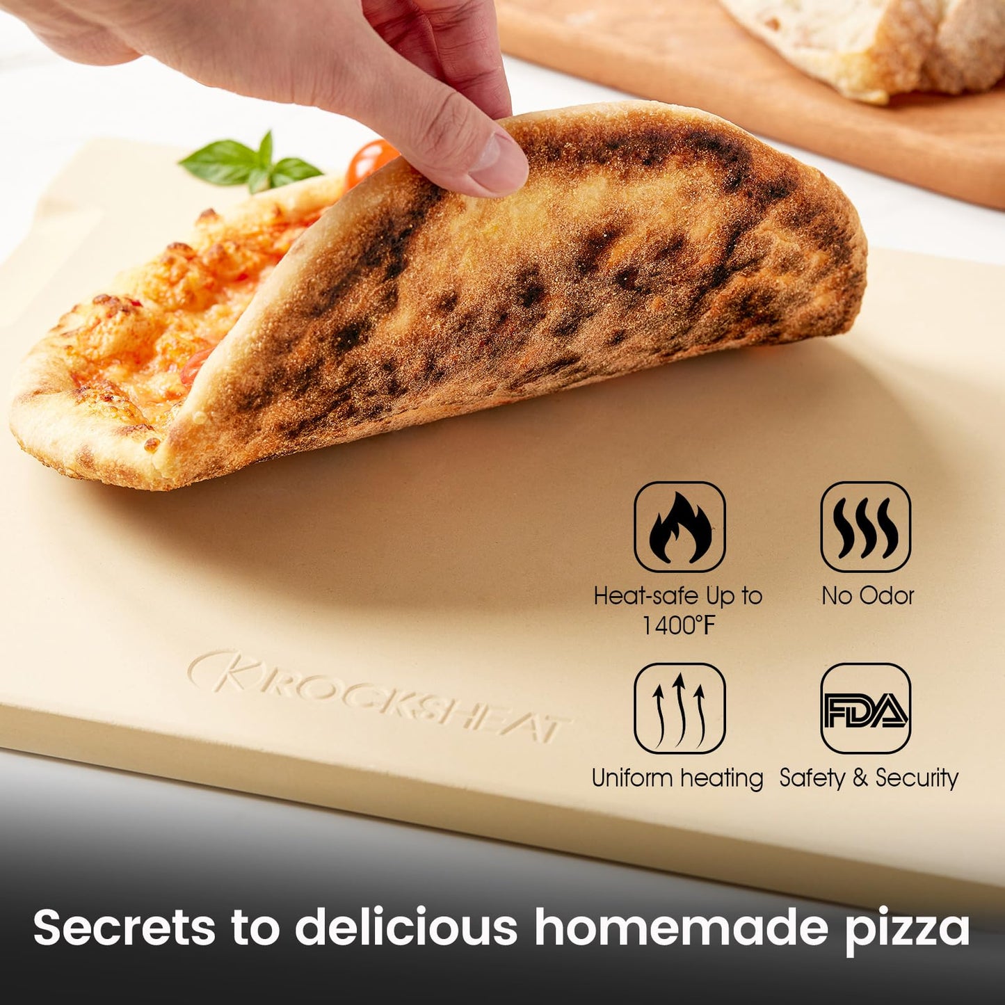 ROCKSHEAT Pizza Stone Made of Cordierite for Pizza & Bread Baking Grilling. Perfect for Oven or Grill. Innovative Unique Double - Faced Built - in 4 Handles Design (Rectangular 12"x15"x0.63")