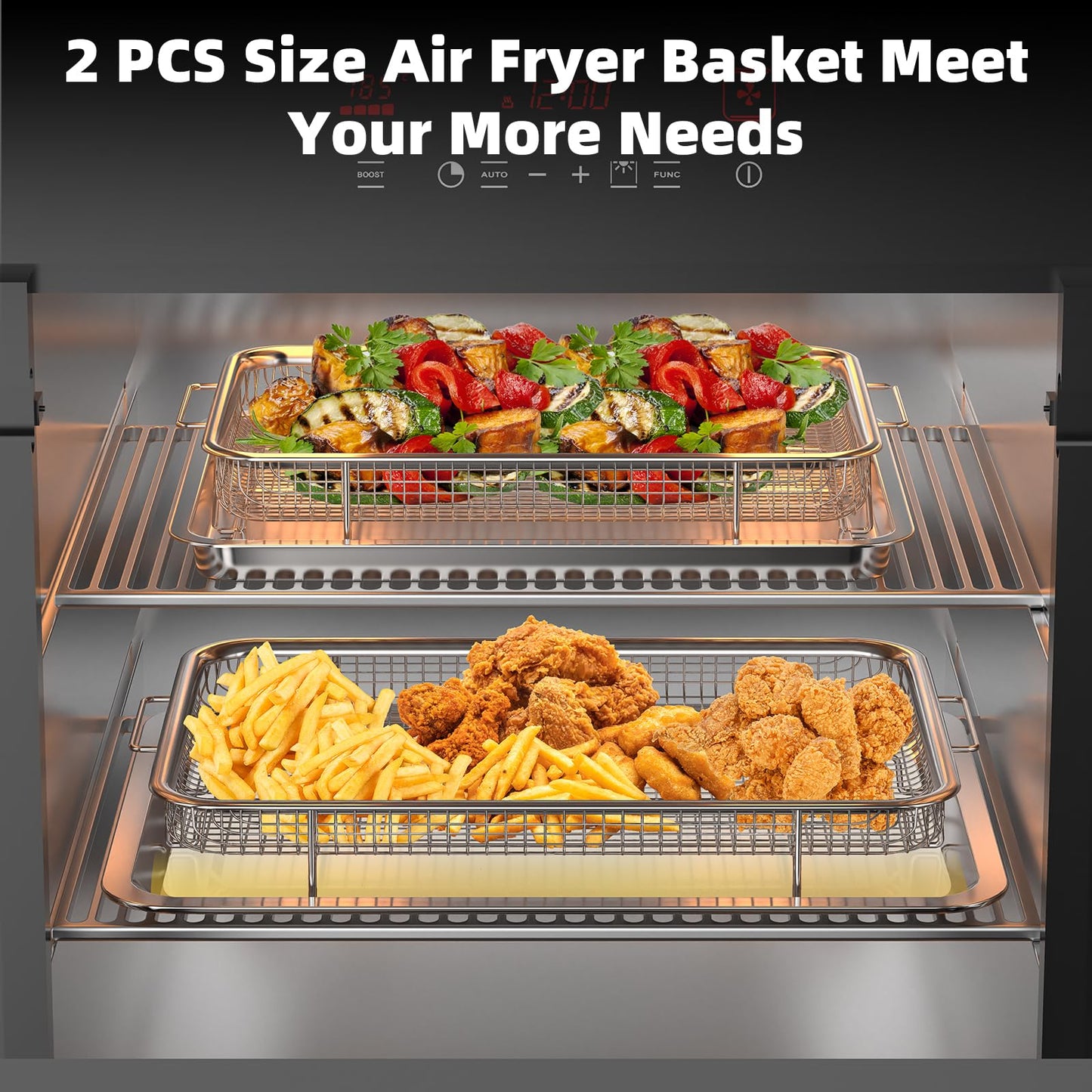 2 Set Air Fryer Basket for Oven, 15.6“ x 11.6“ and 12.8“ x 9.6“ Stainless Steel Air Fryer Tray with 60 PCS Parchment Paper,Air Fryer Pan with Crisper Tray for Baking Fries,Bacon,Chicken