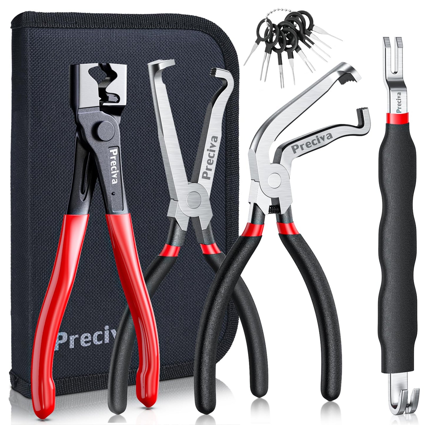 Preciva 5 Pcs Automotive Electrical Connector Disconnect Tool Kit,Wire Harness Release Pliers, Depin Tool & Hose Clamp Pliers Electric Plug Pliers for Cars, Automotive Wire Locking Push Tab