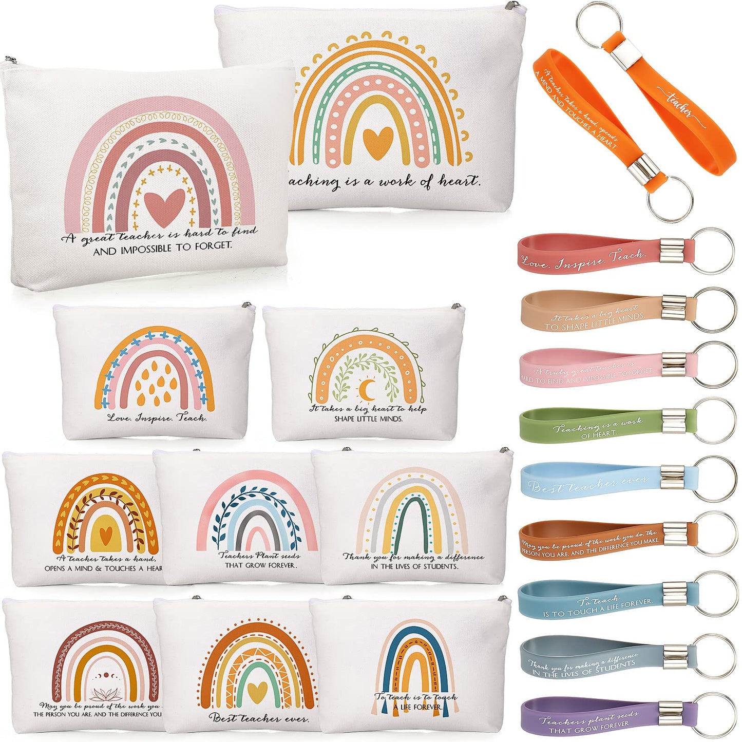 Fumete 20 Pcs Teacher Gift Inspirational Rainbow Makeup Bag Rainbow Silicone Keychains Bulk Zipper Canvas Teacher Pencil Pouch for Employee Appreciation Thank You Gifts Thanksgiving Christmas