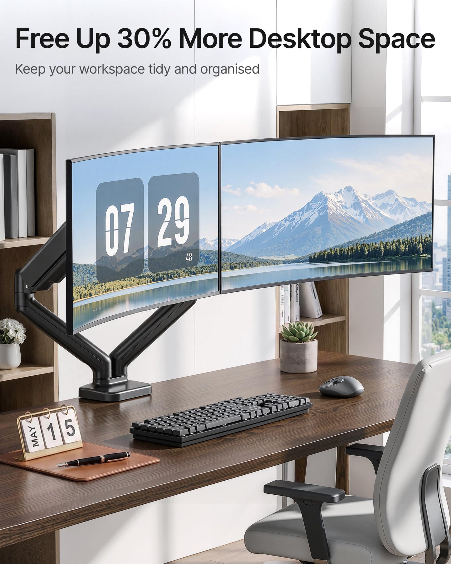 monTEK Heavy Duty Dual Monitor Arm for 17-32” Flat/Curved Screens, Premium Mechanical Spring Monitor Arm up to 19.8 lbs, Full Motion Monitor Desk Mount with Quick-Release VESA 75/100mm, Clamp/Grommet