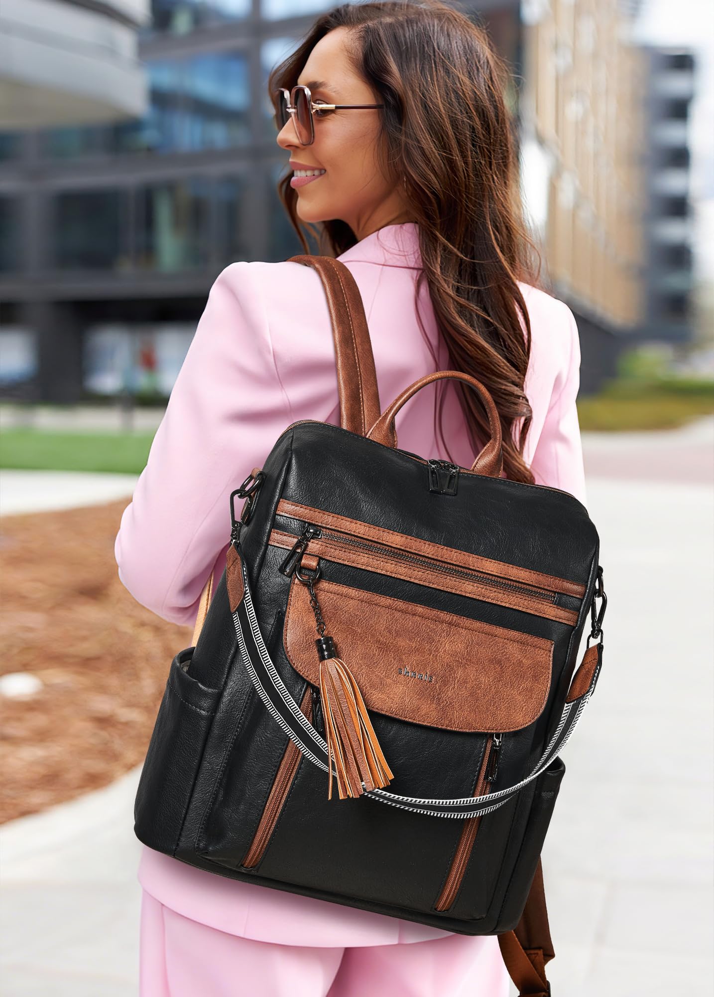 Shrrie Large Leather Backpack for Women 15.6 inch Laptop Backpack Travel Work Backpack Purse for Business College