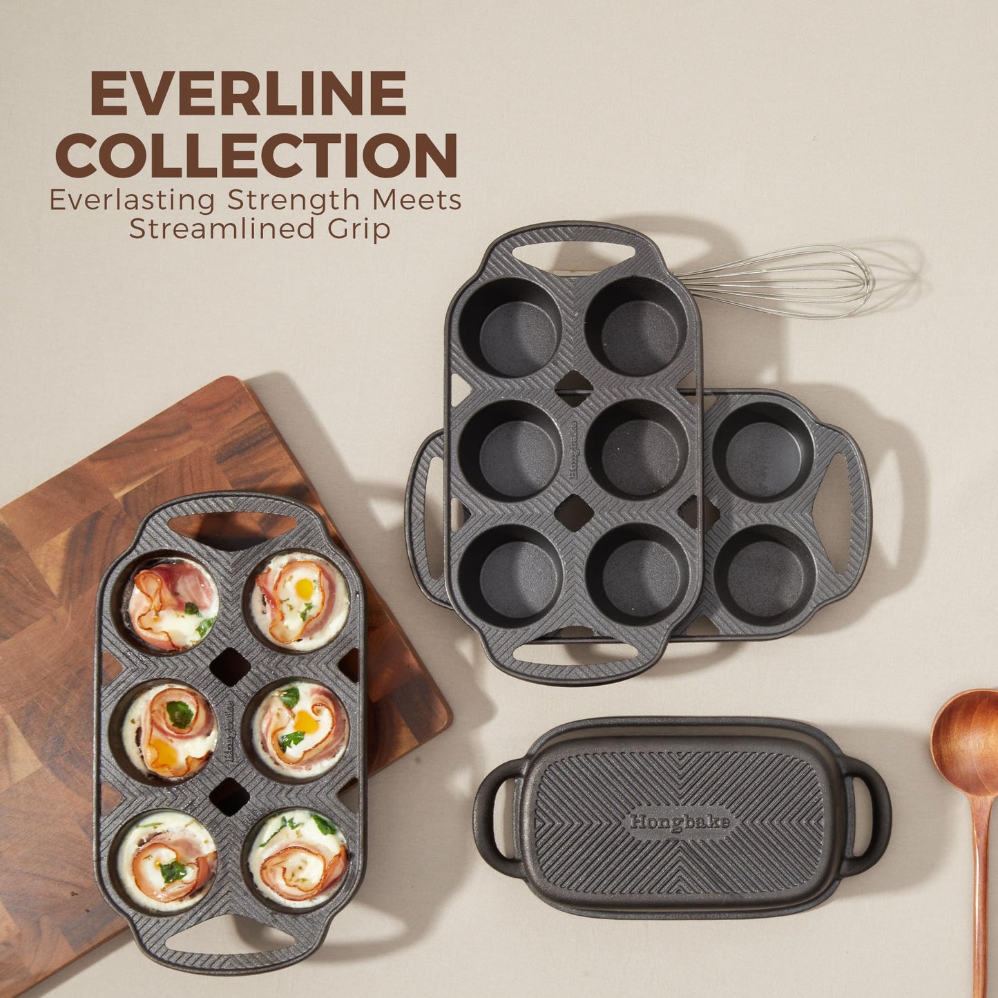 HONGBAKE Everline Collection Cast Iron Muffin Pans, Non toxic Uncoated 6-Cup Muffin Tins, Non-Stick Pre-Seasoned Cupcake Tray Pan Set for Baking, Oven & Stovetop Safe, Standard Size, 2 Pack