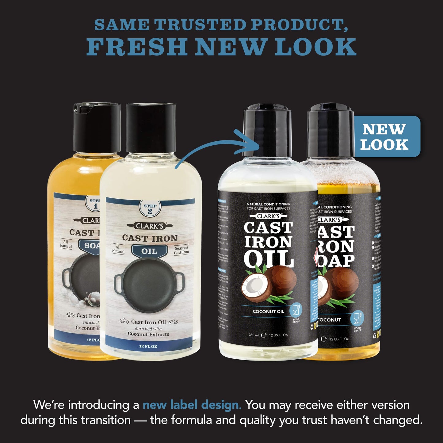 CLARK'S Complete Cast Iron Care Kit - Seasoning Oil (12 oz) - Soap - Scrub Brush - Applicator Pad - Suitable for All Cast Iron and Carbon Cookware Maintenance
