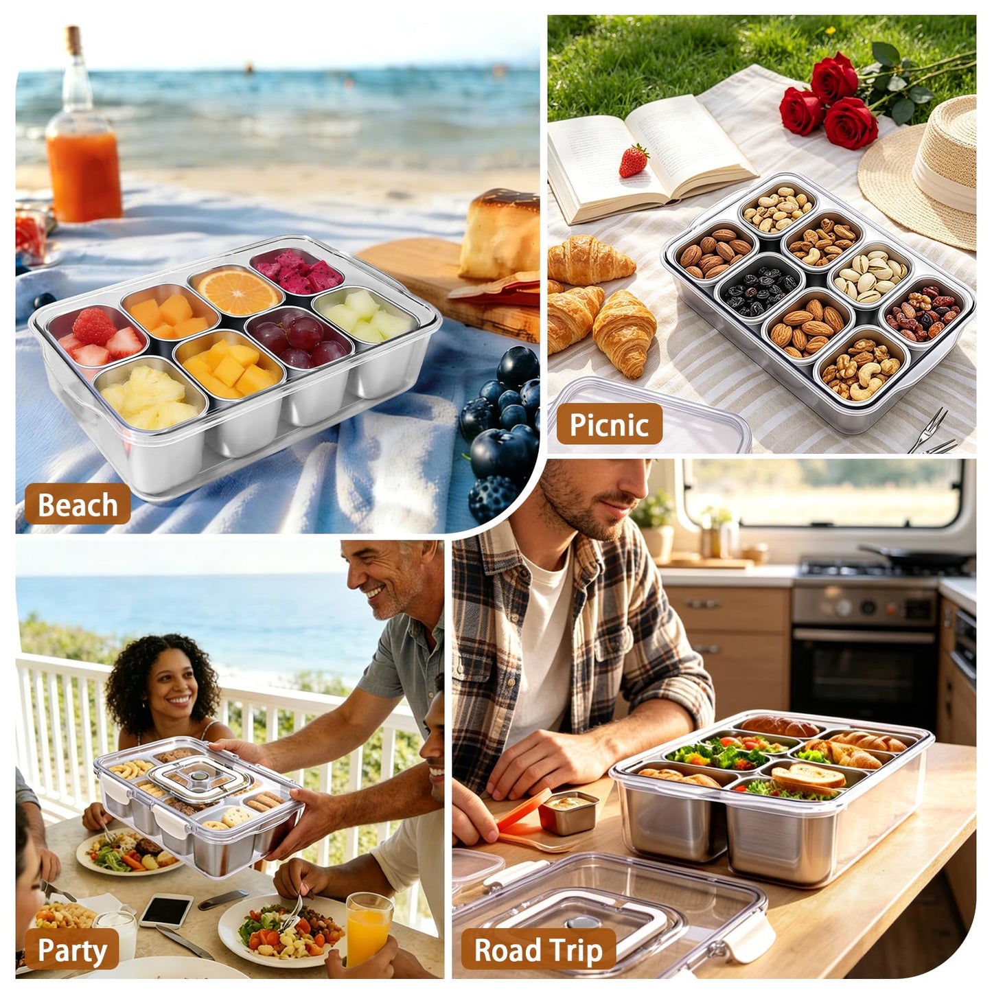Qtencas Snackle Box Container with 8 Portable Removable Compartments, Ice Pack, Sauce Cup & Fork, Stainless Steel Divided Serving Tray with Lid and Handle for Road Trips Beach Camping