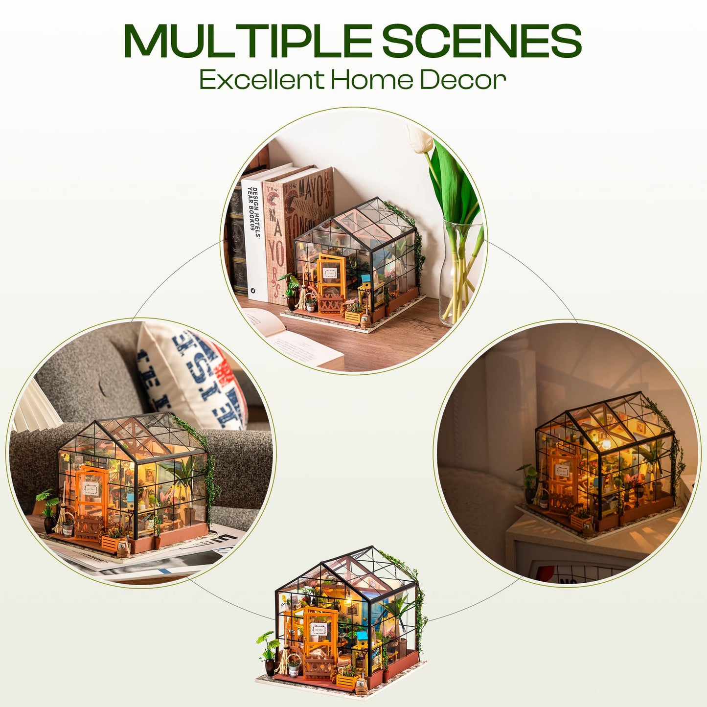 ROBOTIME DIY Dollhouse Wooden Miniature Furniture Kit Mini Green House with LED Best Birthday Gifts for Boys & Girls