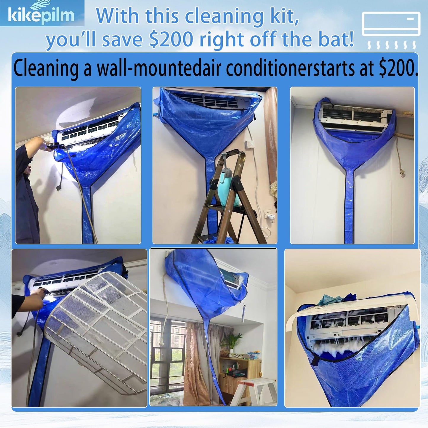 Kikepilm Mini Split Wall Heat Pump Cleaning Kit,Thermopump Cleaning Kit,18pcs Heat Pump Cleaning Kit(Blue)