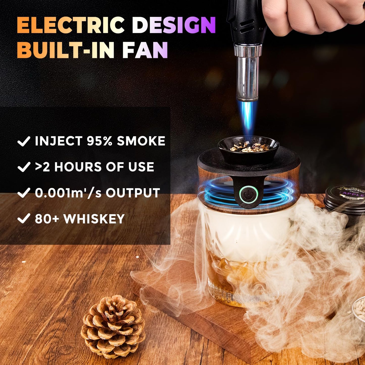 Electric Whiskey Smoker Kit with Torch, Father Day Gift for Whiskey Lover, 6 Wood Chips – Infuse Rich Smoky Flavors in Bourbon Old Fashioned & Cocktails, Birthday Gifts for Him, Dad (Without Butane)