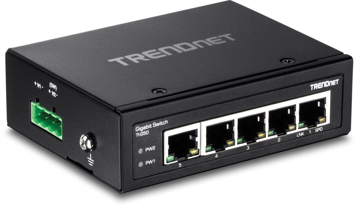 TRENDnet 5-Port Hardened Industrial Gigabit DIN-Rail Switch, 10 Gbps Switching Capacity, IP30 Rated Network Switch (-40 to 167 ºF), DIN-Rail & Wall Mounts Included, Lifetime Protection, Black, TI-G50