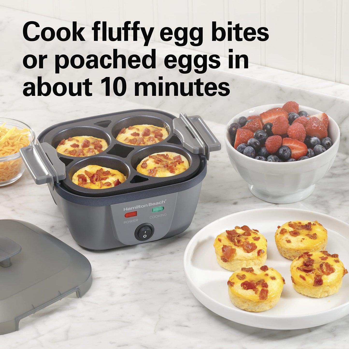 Hamilton Beach Egg Bites Plus, 4 egg bites, 4 poached, 9 hard-boiled, omelets, scrambled, fried eggs, 25510MN